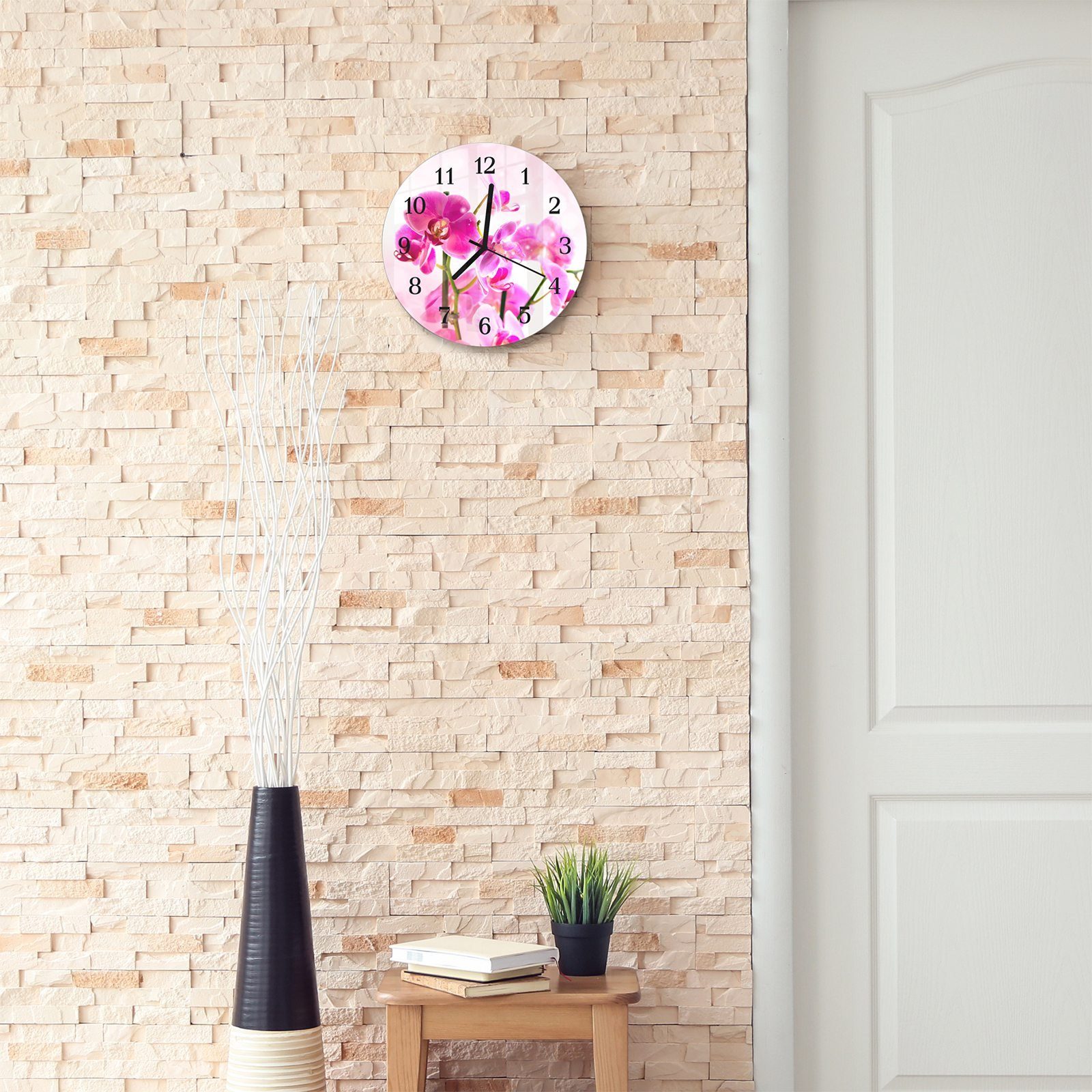Durchmesser - aus Orchideenblüten Primedeco Quarzuhrwerk mit cm Motiv Wanduhr Rund Wanduhr 30 und Glas mit