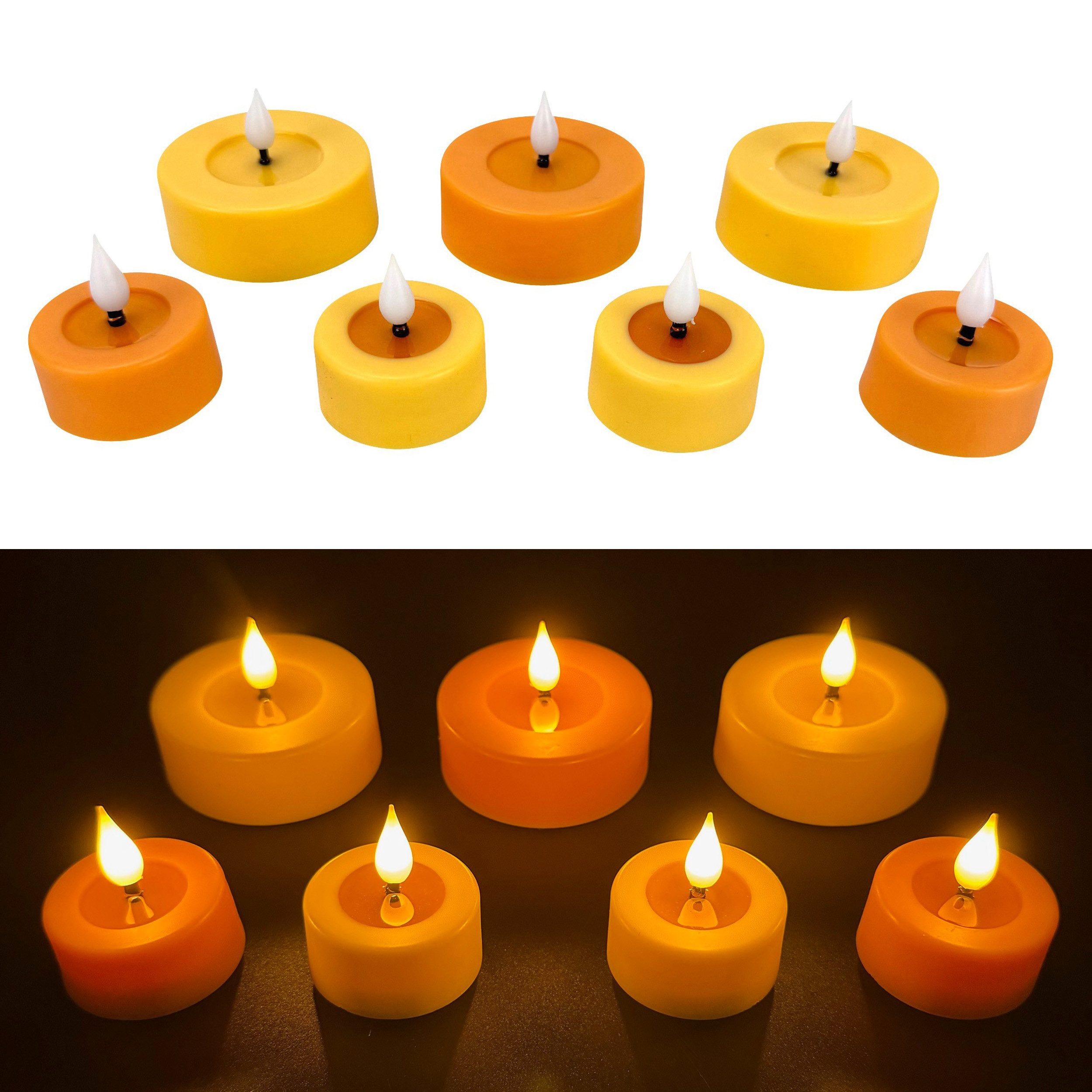 Online-Fuchs LED-Kerze 7 LED Teelichter im Set mit 6-Stunden Timer & Wachsspiegel (realistische Kerzenflamme, in sommerlichen Trendfarben), Wachsspiegel erzeugt einen täuschend echten Kerzeneffekt