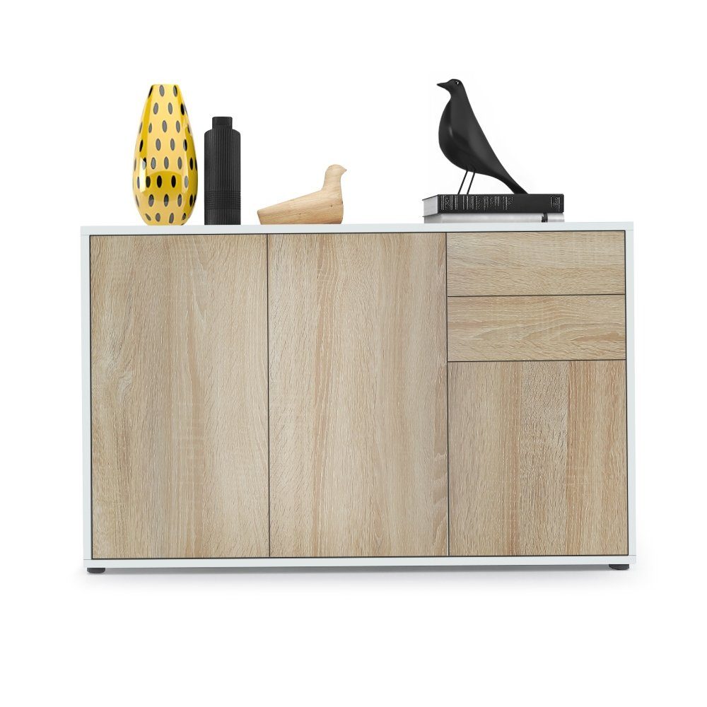 Vladon Kommode Ben V3 (Kommode, mit 3 Türen und 2 Schubladen), Weiß matt/Eiche Sägerau (117 x 74 x 36 cm)