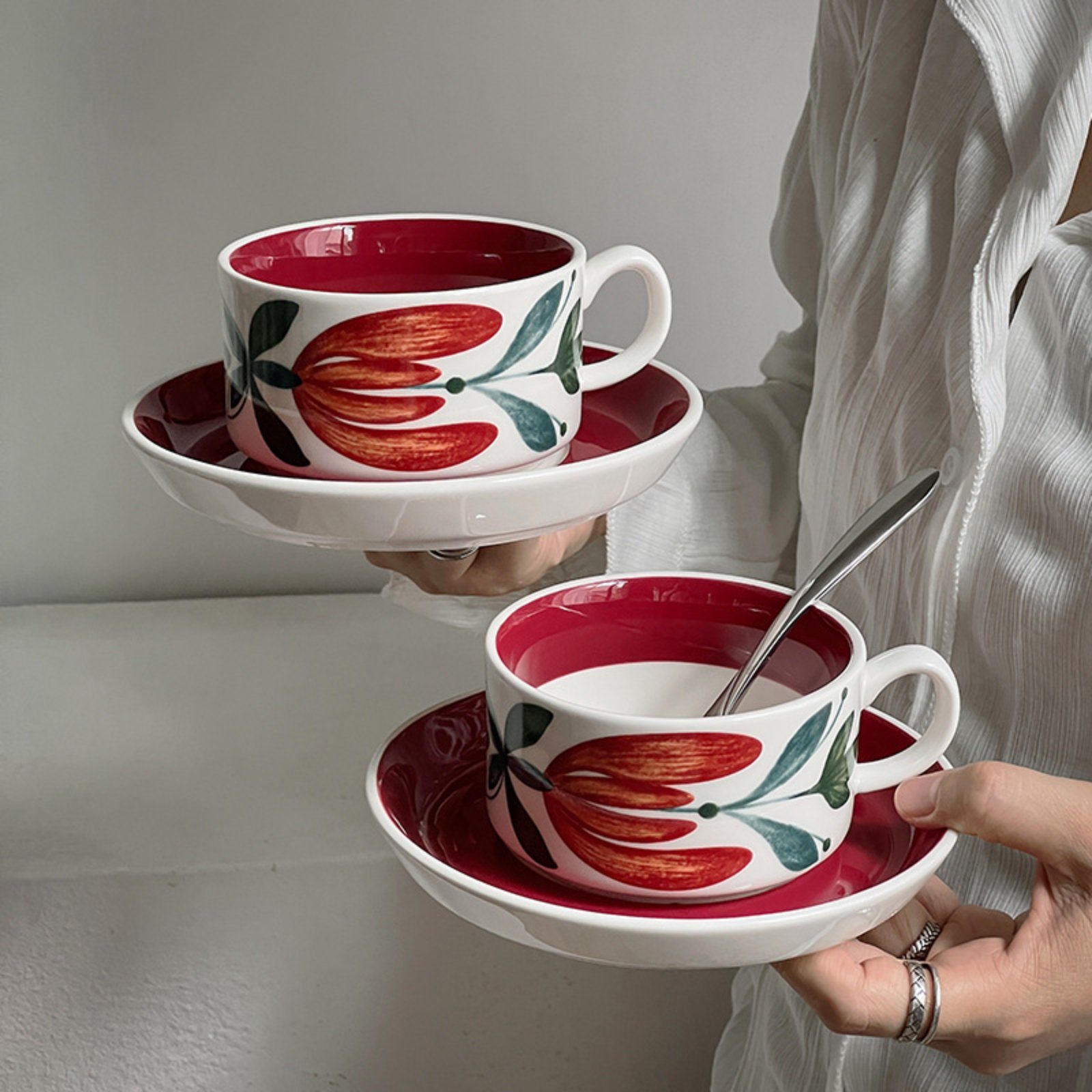 HOMEIDEAS Untersetzer, Tasse, Rot 250ml mit Teetasse, Keramik, Kaffeetassen Porzellan,