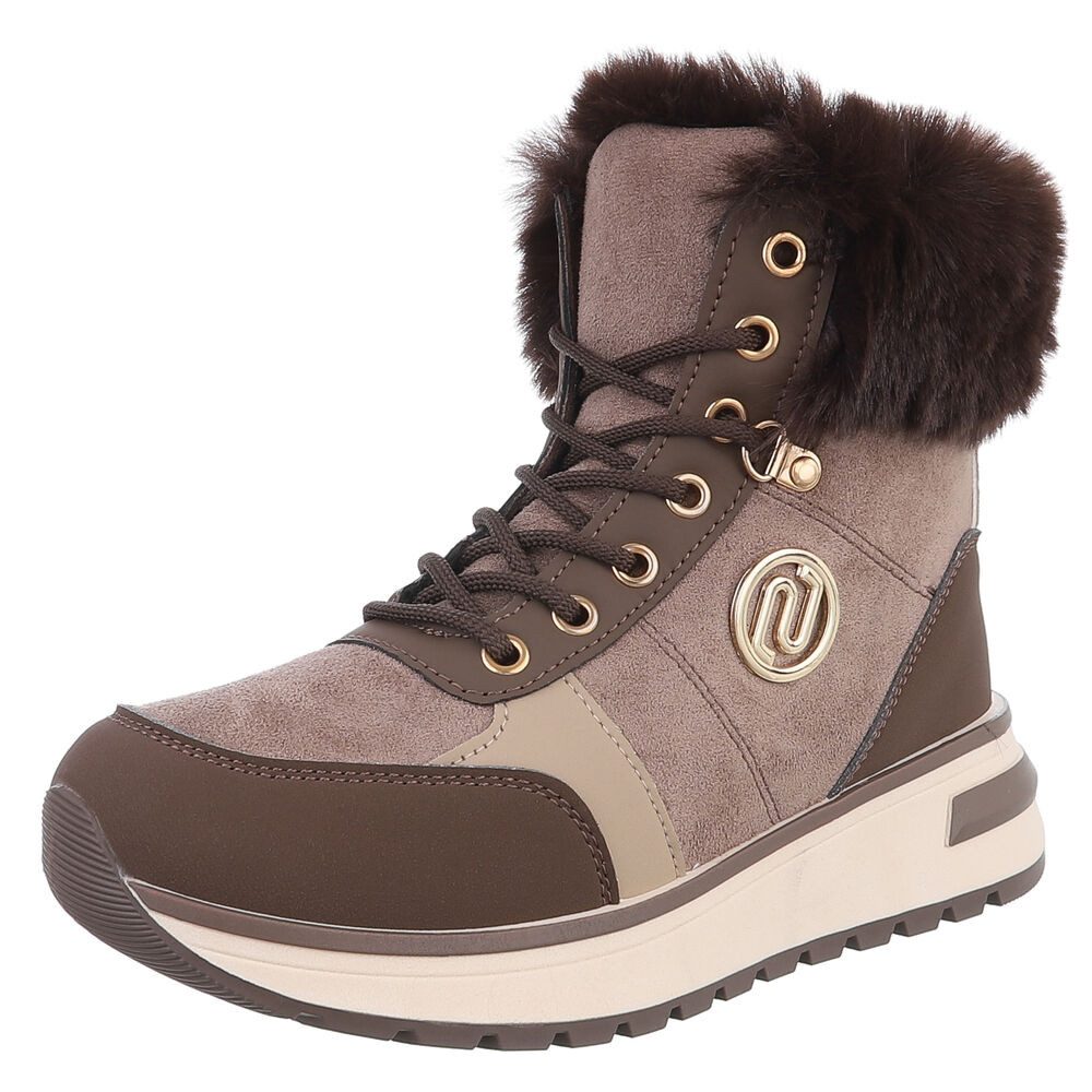 Ital-Design Damen Winterboots mit Futter und modischem Design Schnürstiefelette (90417768) Keilabsatz/Wedge Stiefeletten in Braun