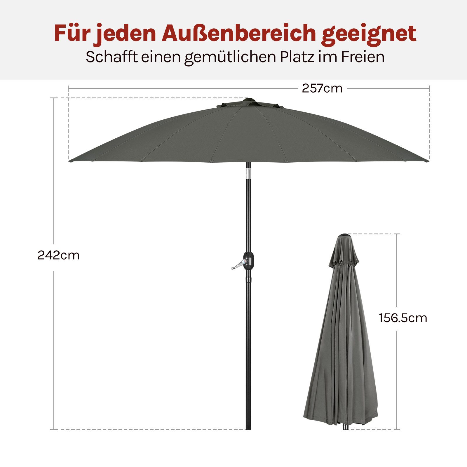 Woltu Sonnenschirm, Gartenschirm mit Kurbel, Ø 257/273 cm, für Terrasse, Patio, Pool