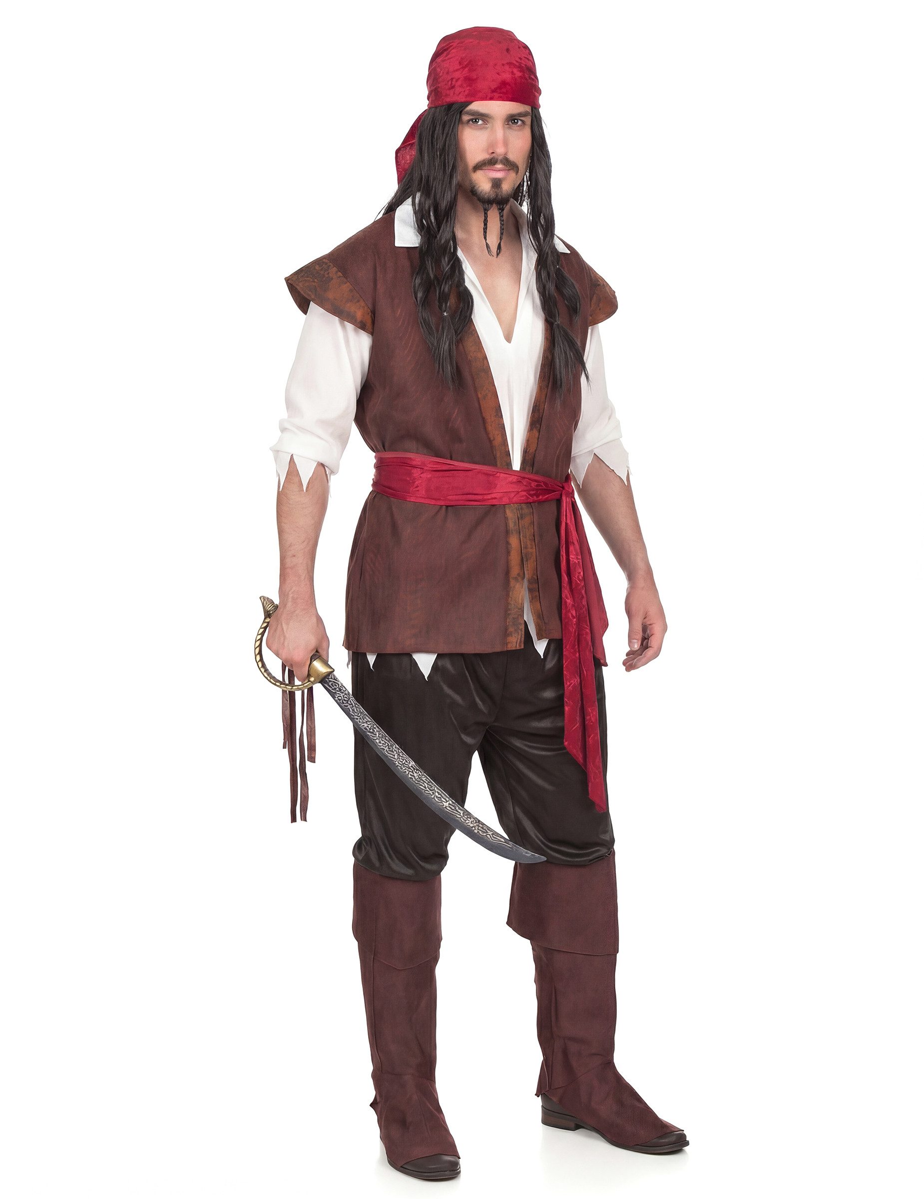 JADEO Piraten-Kostüm Verruchter Pirat Kostüm Freibeuter braun-weiss-rot