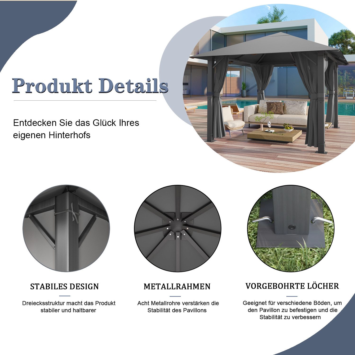 HOMALL Pavillon Winterfest und Wasserdicht Pavillon 300x300/300x400 für 6-10 Personen, mit 4 Seitenteilen, (160 g + Gegengewicht PU-beschichtetes Polyestergewebe Dicker fester Rahmen), Pavillon mit 90-mm-Aluminium, Dreiecksverstärkung und Doppelträgerdach