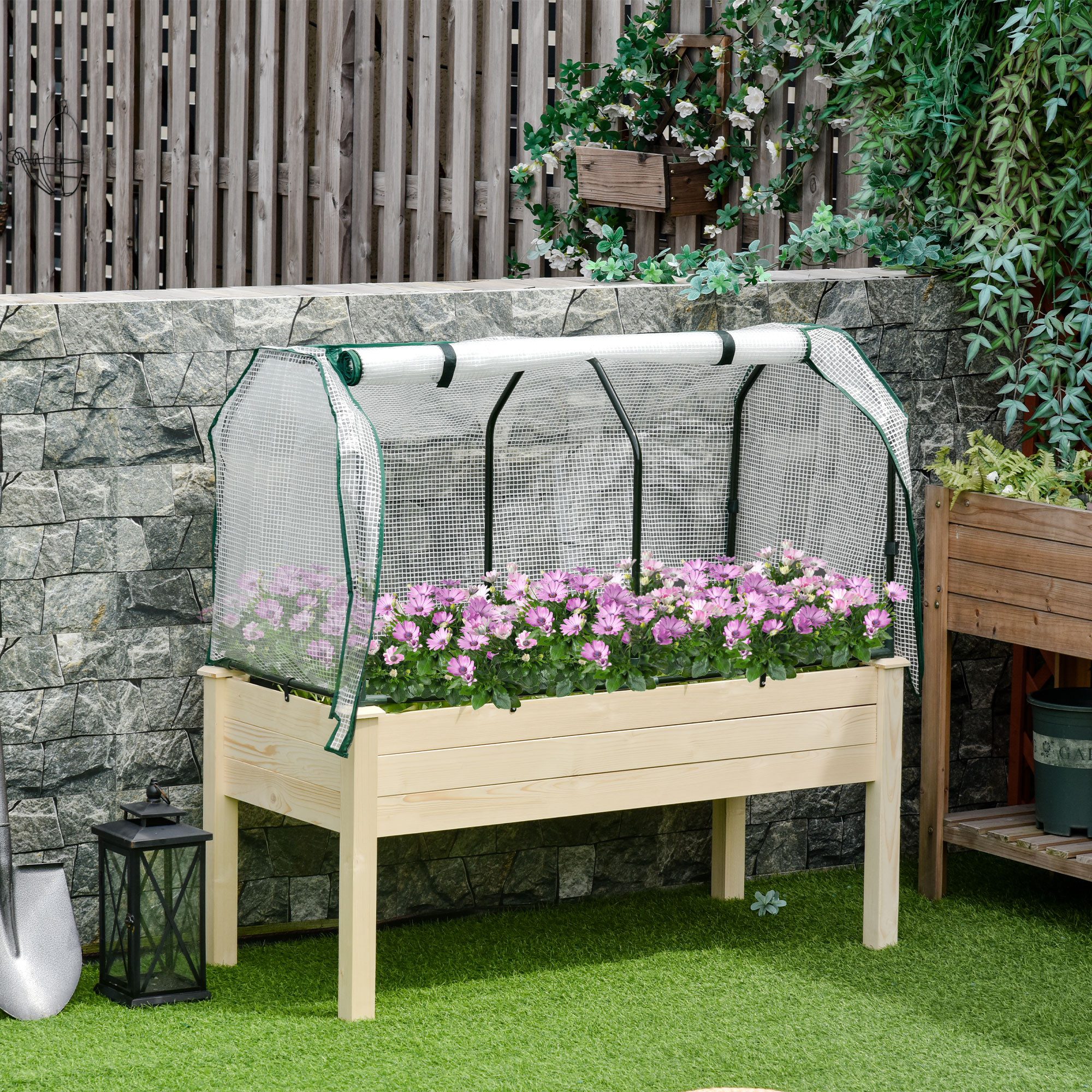 Outsunny Hochbeet Frühbeet Gemüsebeet mit Stoffauskleidung Stahlrahmen Tannenholz (Blumenkasten, 1 St., Gartenbox), für Garten, Balkon, Naturholz