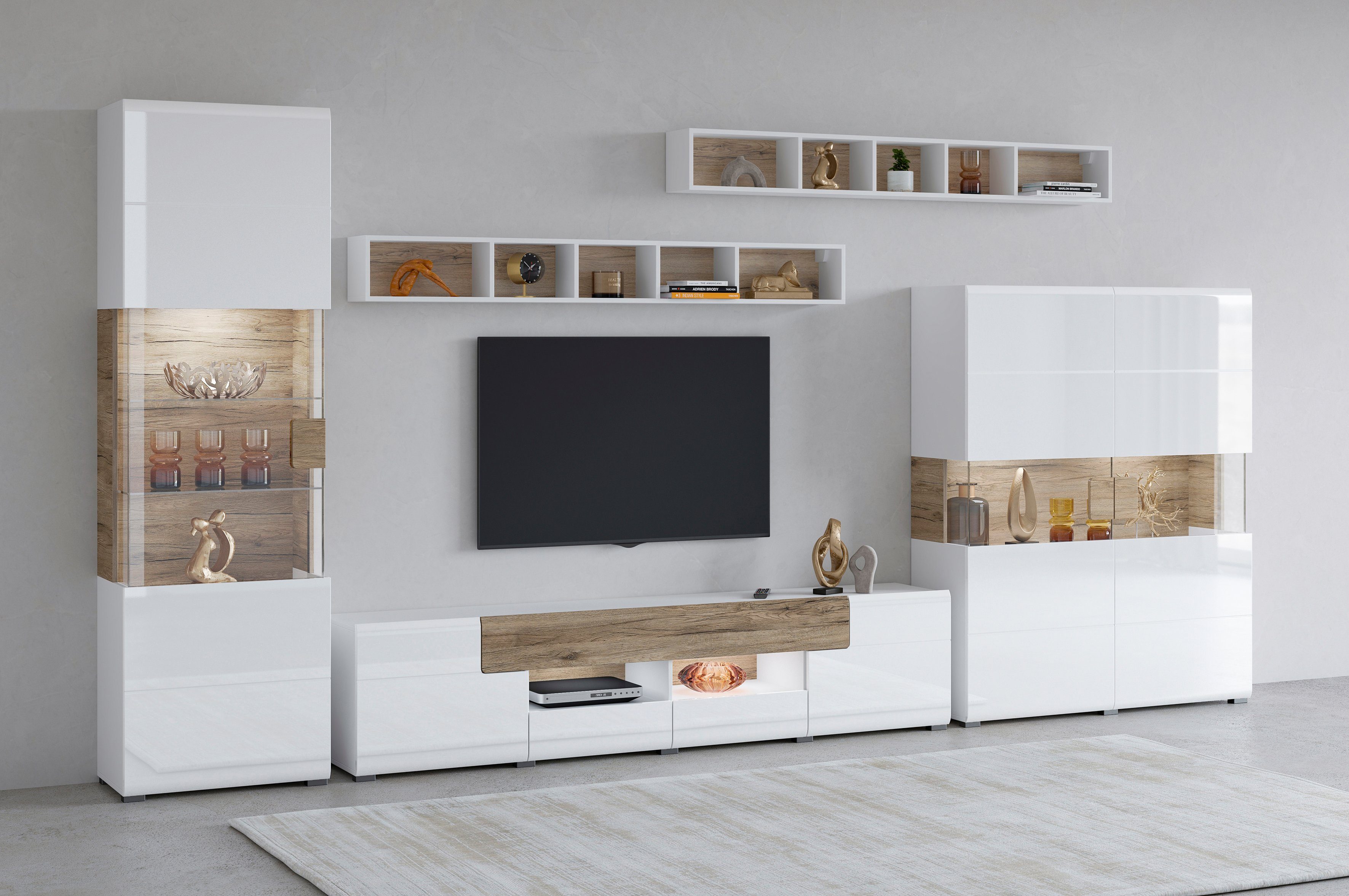 OTTO home Wohnwand Toledo,Breite 391cm stilvolle Mediawand ohne Beleuchtung, (Set, 5-St), Anbauwand(Vitrine,Lowboard,Highboard,2xHängeregal)MDF Hochglanzfronten