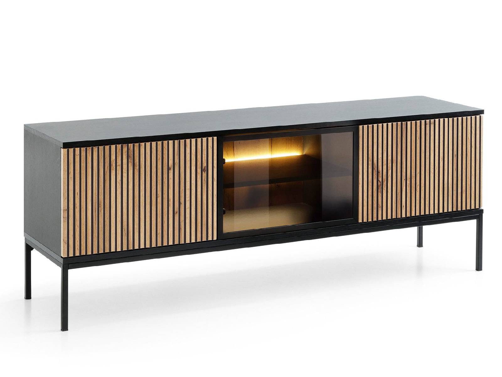 yourhouse24 TV-Schrank SANTIA 154 cm Industrial LED-Fach Eiche Schwarz