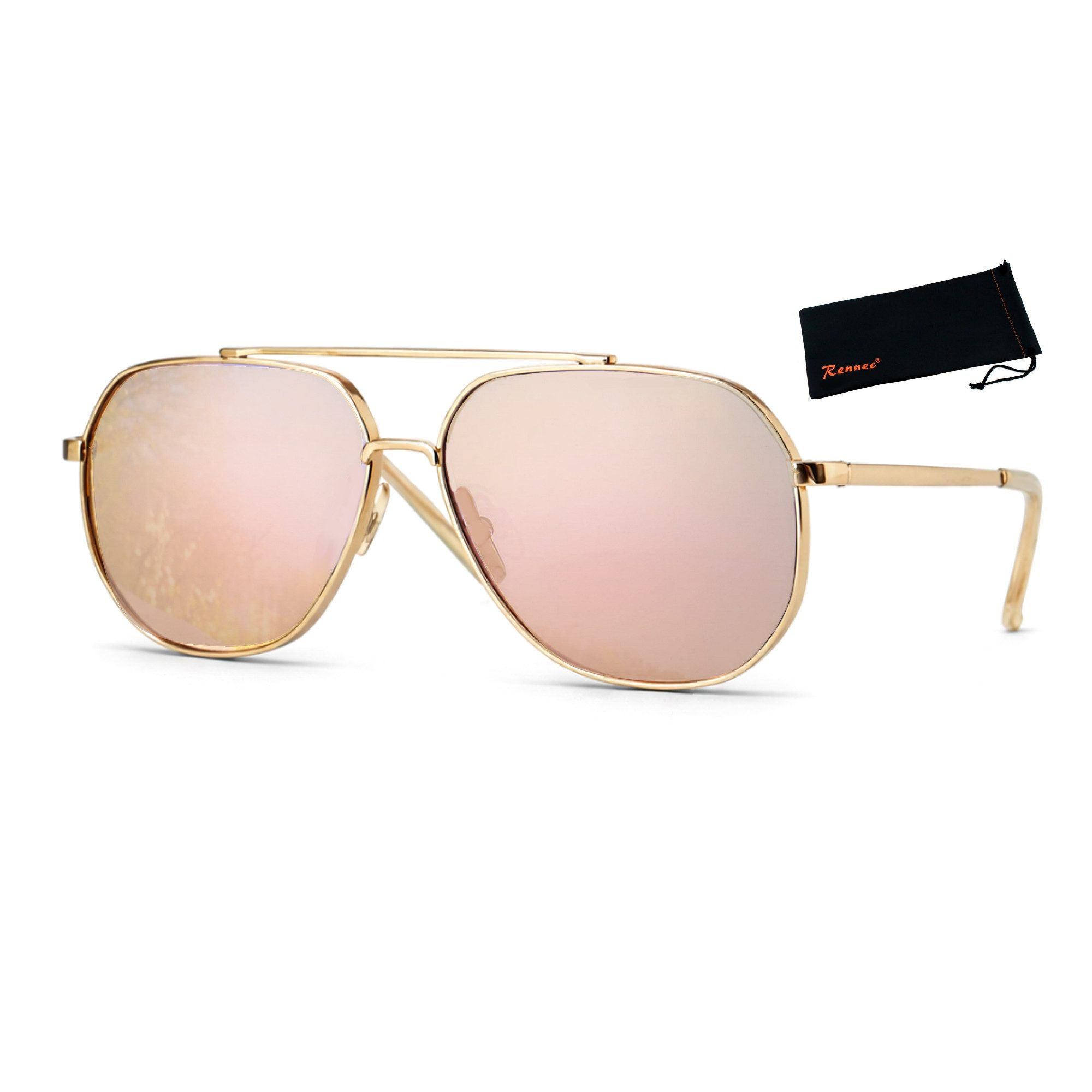 Rennec Sonnenbrille (Damen Pilotenbrille XL Groß Eckiges Design Metallgestell in Gold, Piloten Sonnenbrille Oversize aus Edelstahl Damen Brille Modern) Gläser UV400 Rosa Verspiegelt Flachglas Festivalbrille
