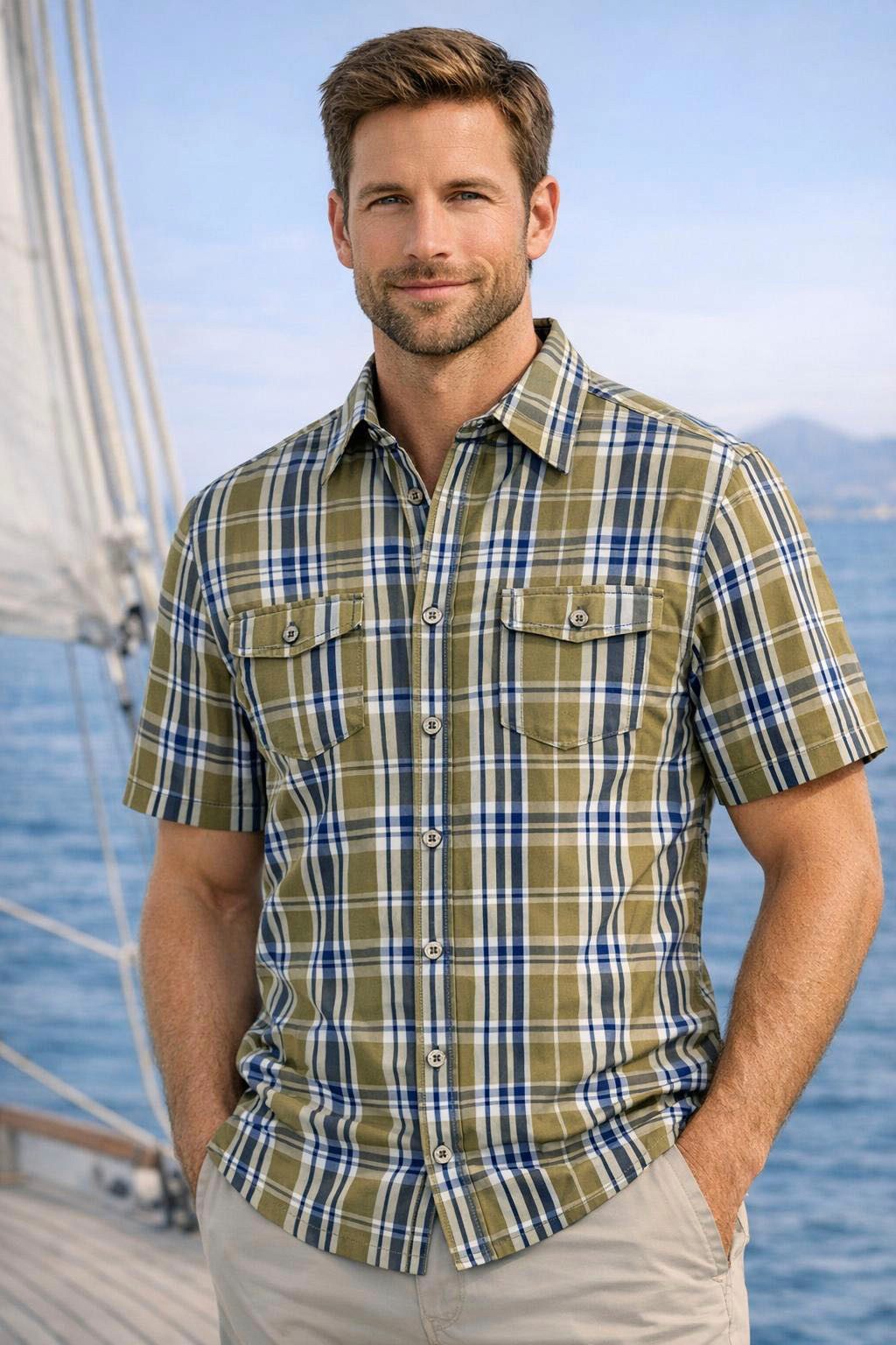 Man's World Karohemd Kurzarm, für Casualmode, Basic, Frühling und Sommer, aus Baumwolle