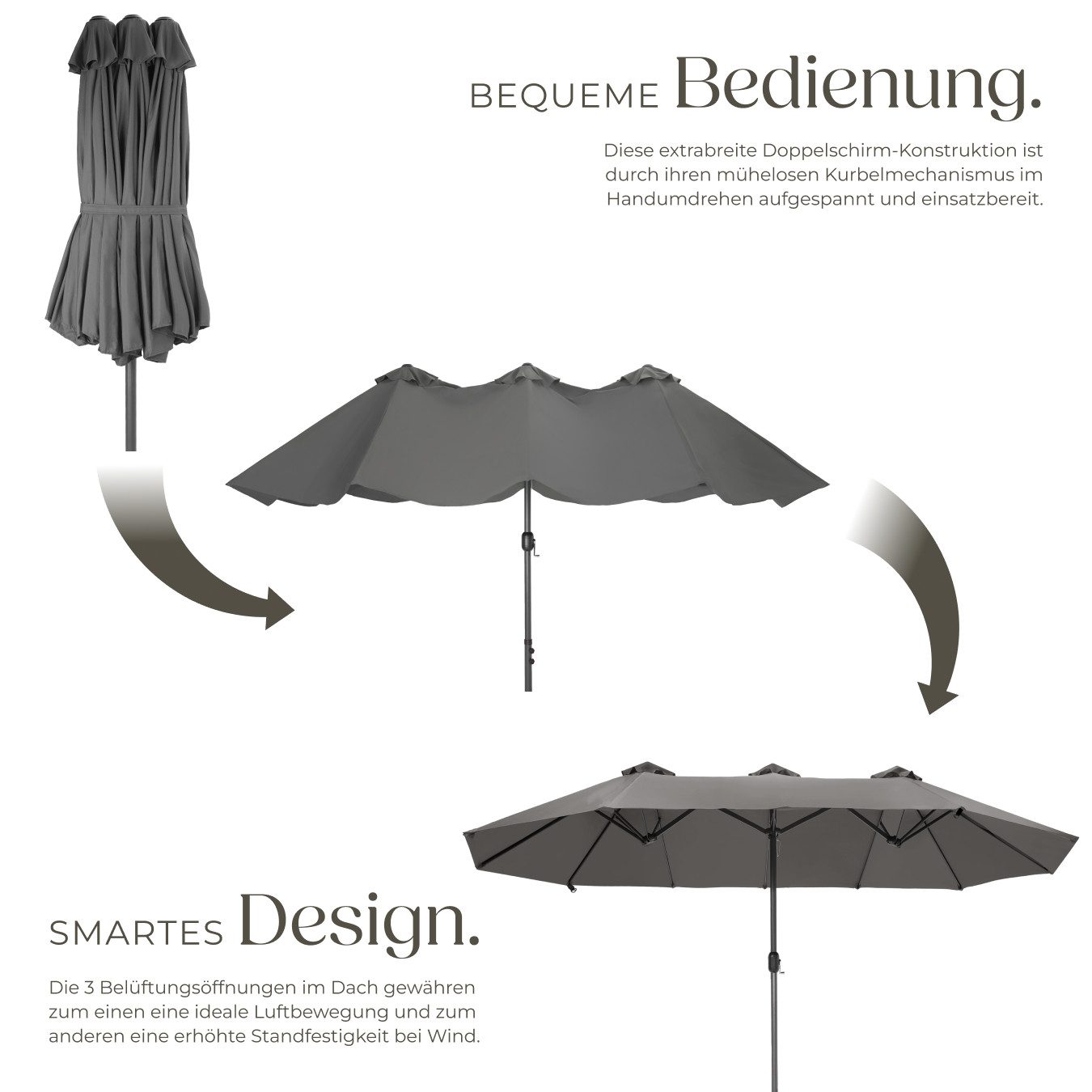 tectake Sonnenschirm Standschirm mit drei Winddächern, UV-Schutz 50+, 460 x 270 cm, Balkonschirm Silia, für Außen in Grau, stufenlos höhenverstellbar, Inkl. Windsicherung und Schutzhülle