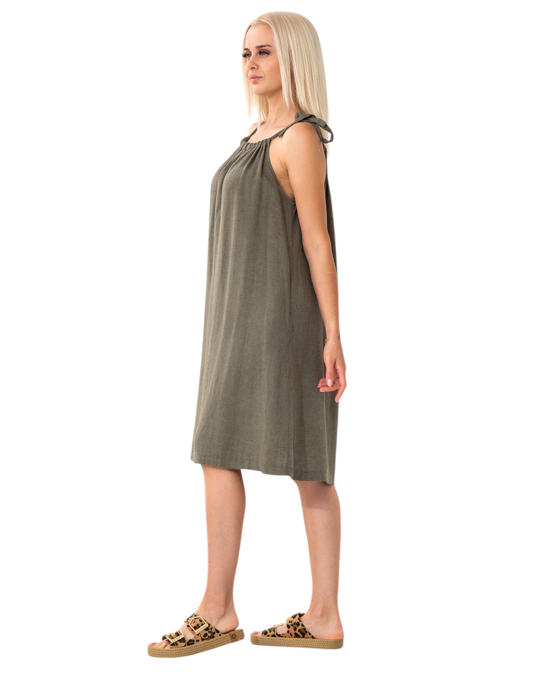 WENOR Sommerkleid aus Leinenmix mit Bindeträgern – luftiges Strandkleid mit Taschen (1-tlg) Bindeträger,seitliche Eingrifftaschen,natürliches Material – Bild 4 von 5