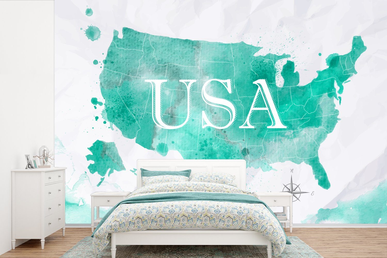 MuchoWow Fototapete Karte - Vereinigte Staaten - Aquarell, Matt, bedruckt, (6 St), Wallpaper für Wohnzimmer, Schlafzimmer, Kinderzimmer, Vinyl Tapete