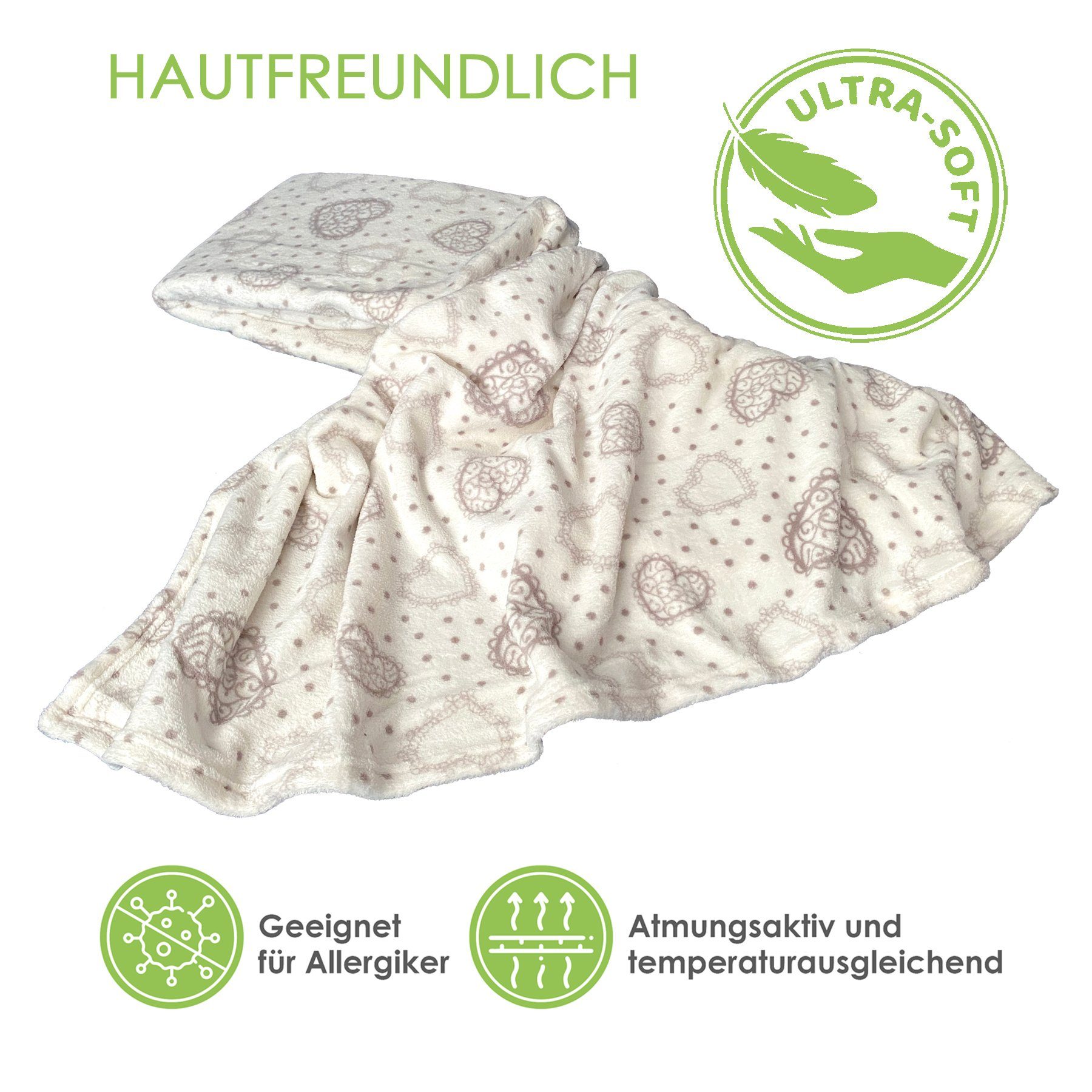 Wohndecke Kuscheldecke Herzen Flanell Sofadecke Landhaus, heimtexland, kuschelig weich und warm I XL 150x200