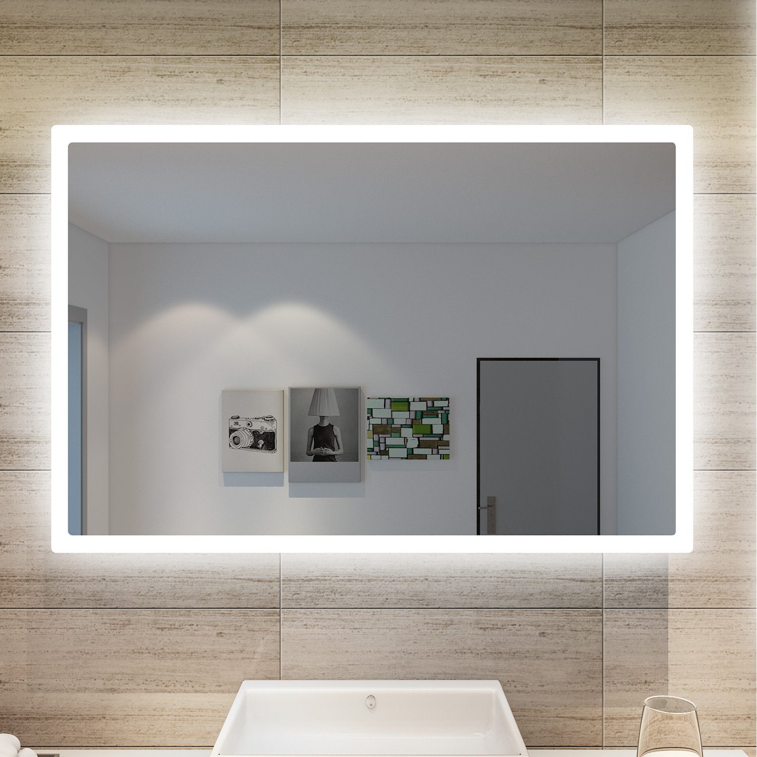 Wandschalter, energiesparender, Wandspiegel Badspiegel,Lichtspiegel 60×40 Schminkspiegel Beleuchtung kaltweiß cm SONNI LED mit IP44,Badezimmerspiegel