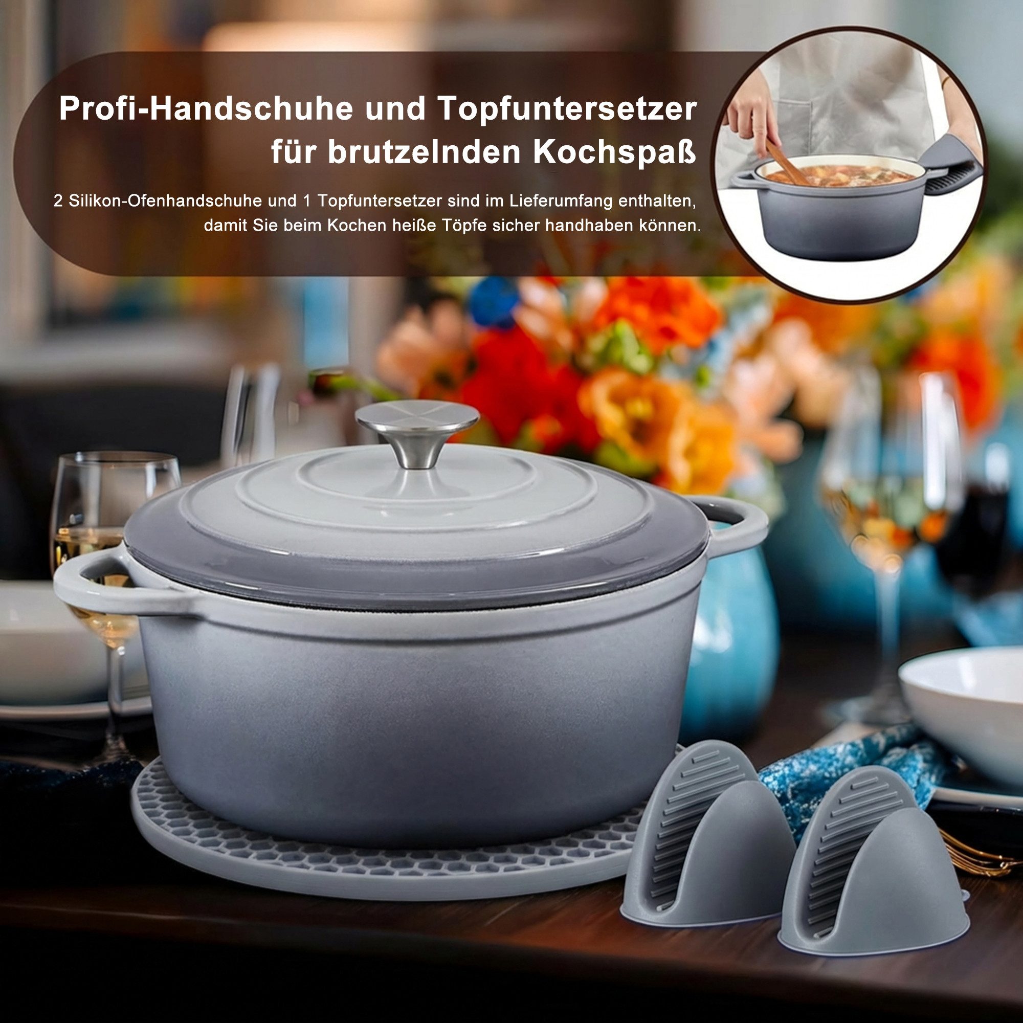 Nilpferd Bräter Gusseisen Topf 22/24/26cm Incl. Silikon Topflappen Topfuntersetzer, (Set, 1 Pot mit 1 lid, 2 Ofenhandschuhe, 1 Topfuntersetzer), Backofengeeignet Induktionsgeeignet Zum Braten, Schmoren, Kochen