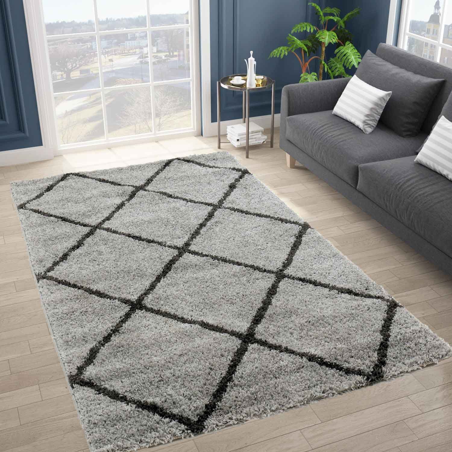 Vimoda Lederteppich Shaggy Hochflor Anthrazit, Rechteckig, Höhe: 30 mm, Rautemuster, Läufer Wohnzimmer in Grau Anthrazit