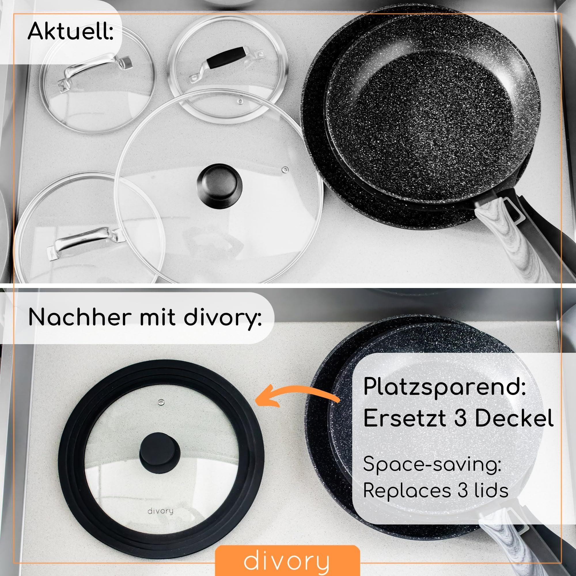 divory Pfannendeckel Universaldeckel Pfanne - in mehreren Größen, (Glasdeckel abgestufter Silikonrand, Deckel für Pfannen und Töpfe), Topfdeckel oder Pfannendeckel hitzebeständig
