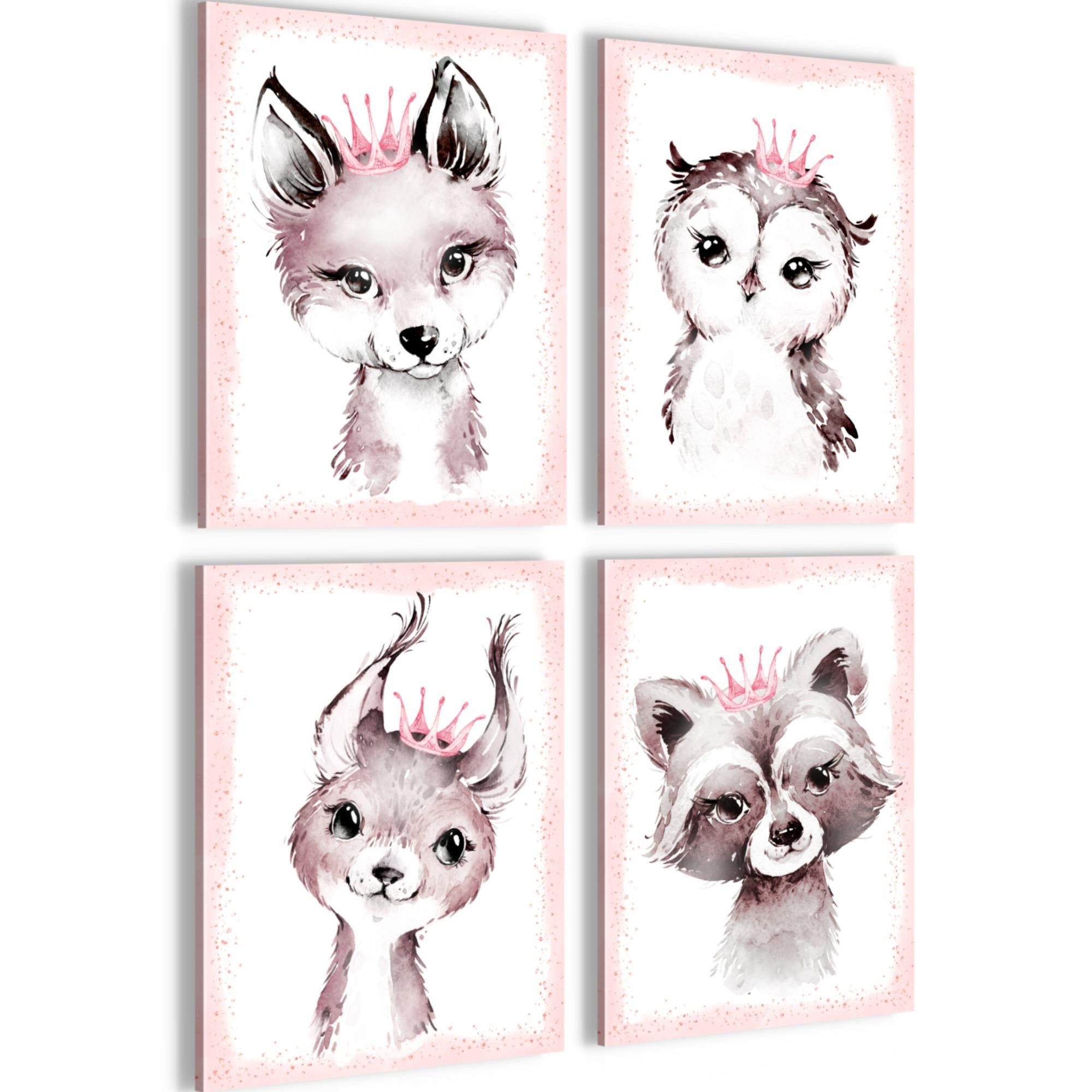 Novart Wandbild Bilder Waldtiere AUFHÄNGFERTIG Kinderzimmer Mädchen N017147a, 30 x 40 cm - 4 Bilder