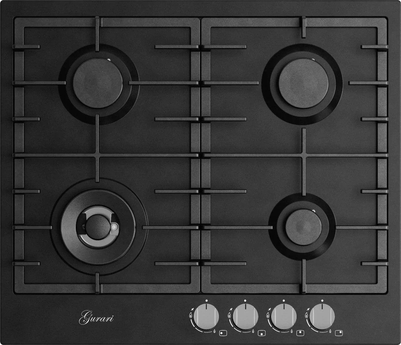 GURARI Gas-Kochfeld GCH FB 604 BL Gaskochfeld 60 cm, Schwarz 4,0 KW WOK, 4 Gasbrenner,Autark, Gaskochfeld mit Wok-Brenner Hochwertiges Autarkes Einbaukochfeld