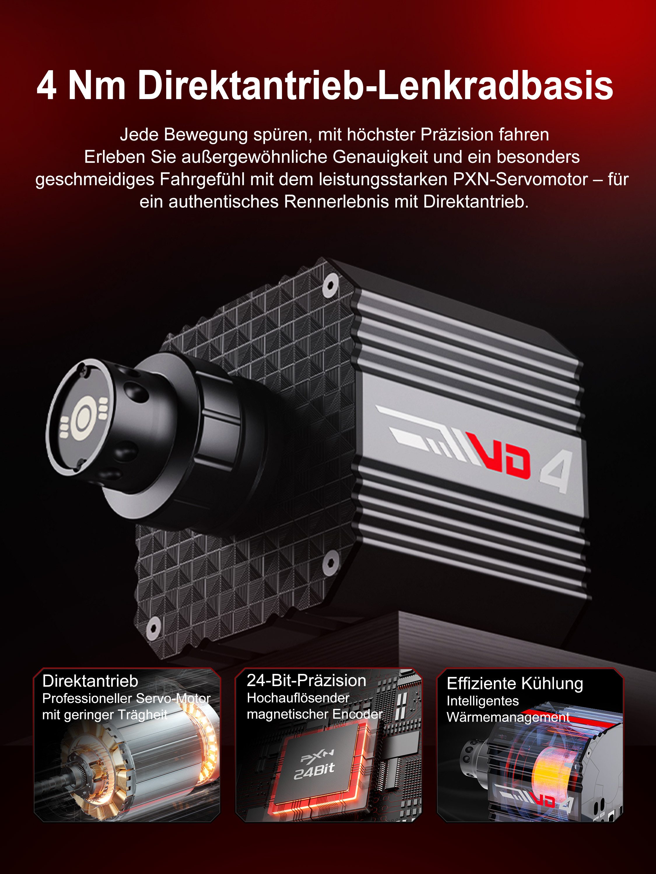 PXN VD4 Direct-Drive-Sim-Rennlenkrad-Set 4Nm Force Feedback Servo Gaming-Lenkrad (Quick Release Hall-Pedale Metall USB PC)