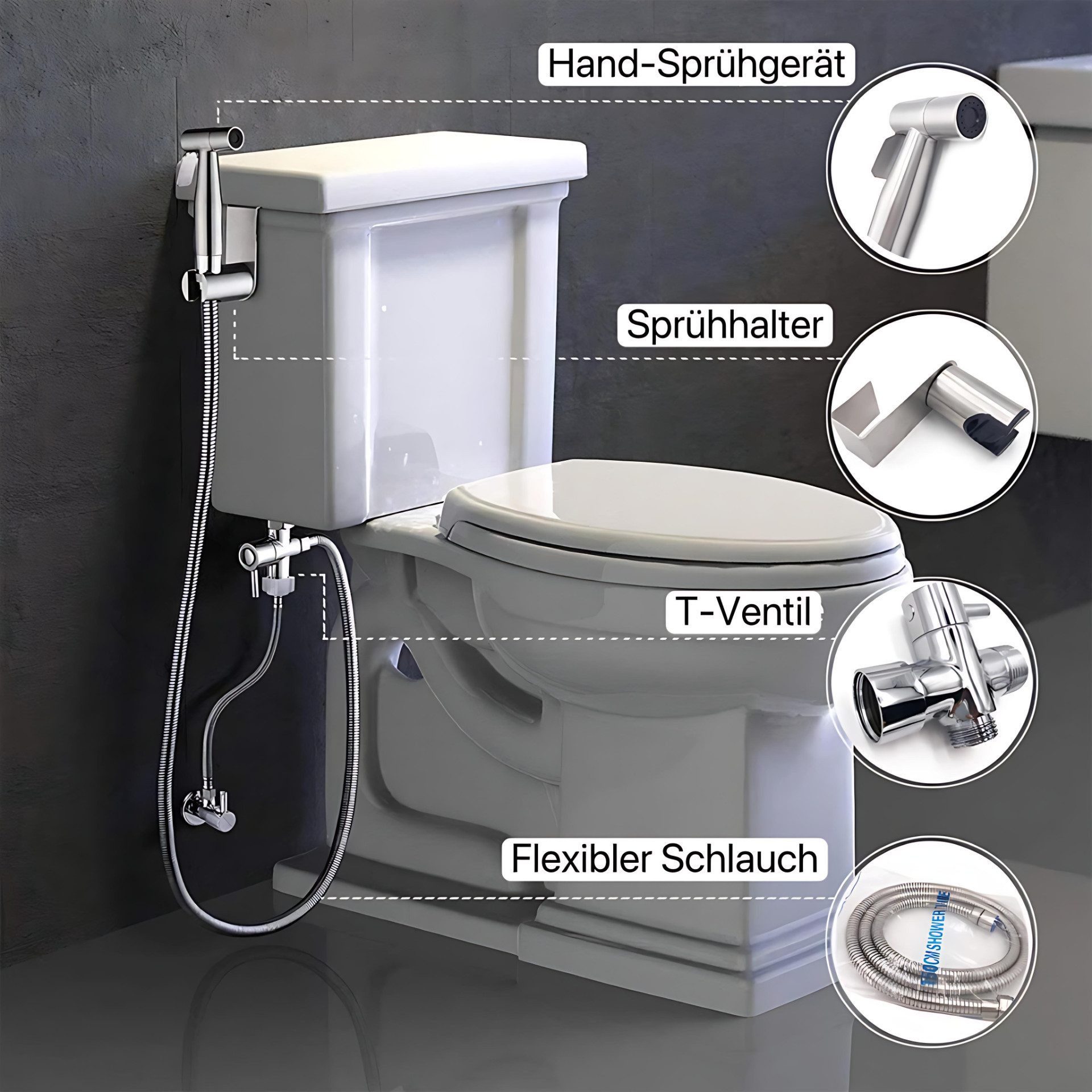 HoyoLee Handels GmbH Handbrause Bidet-Set aus Edelstahl, WC-Handbrause mit 1,5-m-Schlauch, 5-tlg.