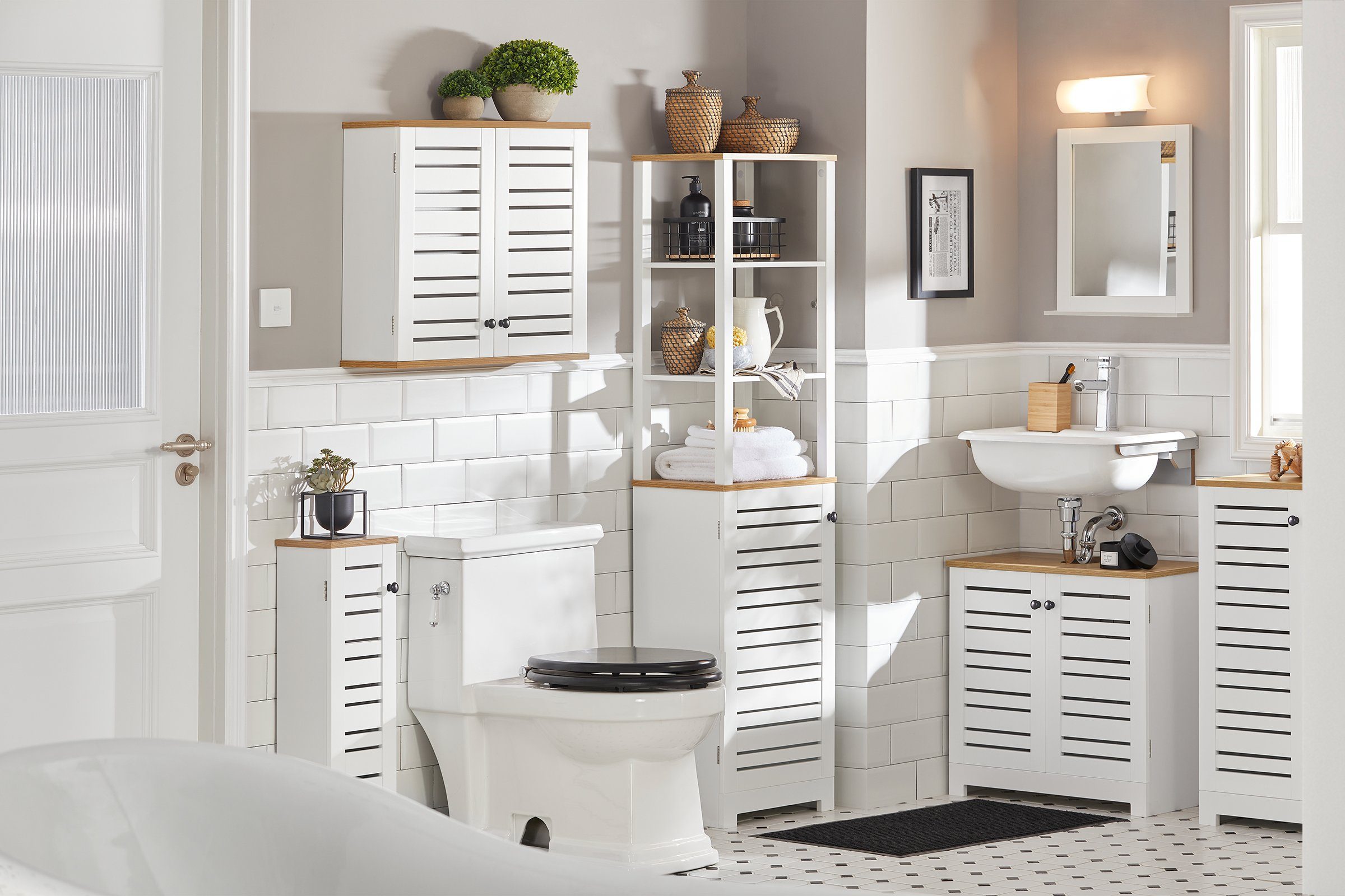 SoBuy Waschbeckenschrank BZR40, Waschtischunterschrank Badezimmerschrank Badezimmer mit Lamellentüren Badschrank Waschtisch Unterschrank Badmöbel – Bild 3 von 5