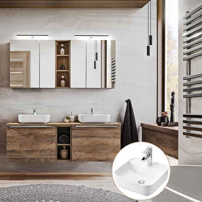 Lomadox Waschtisch-Set PUEBLA-56, (Spar-Set, 11-St), Eiche Waschtischunterschrank Waschbecken Spiegelschrank Hochschrank