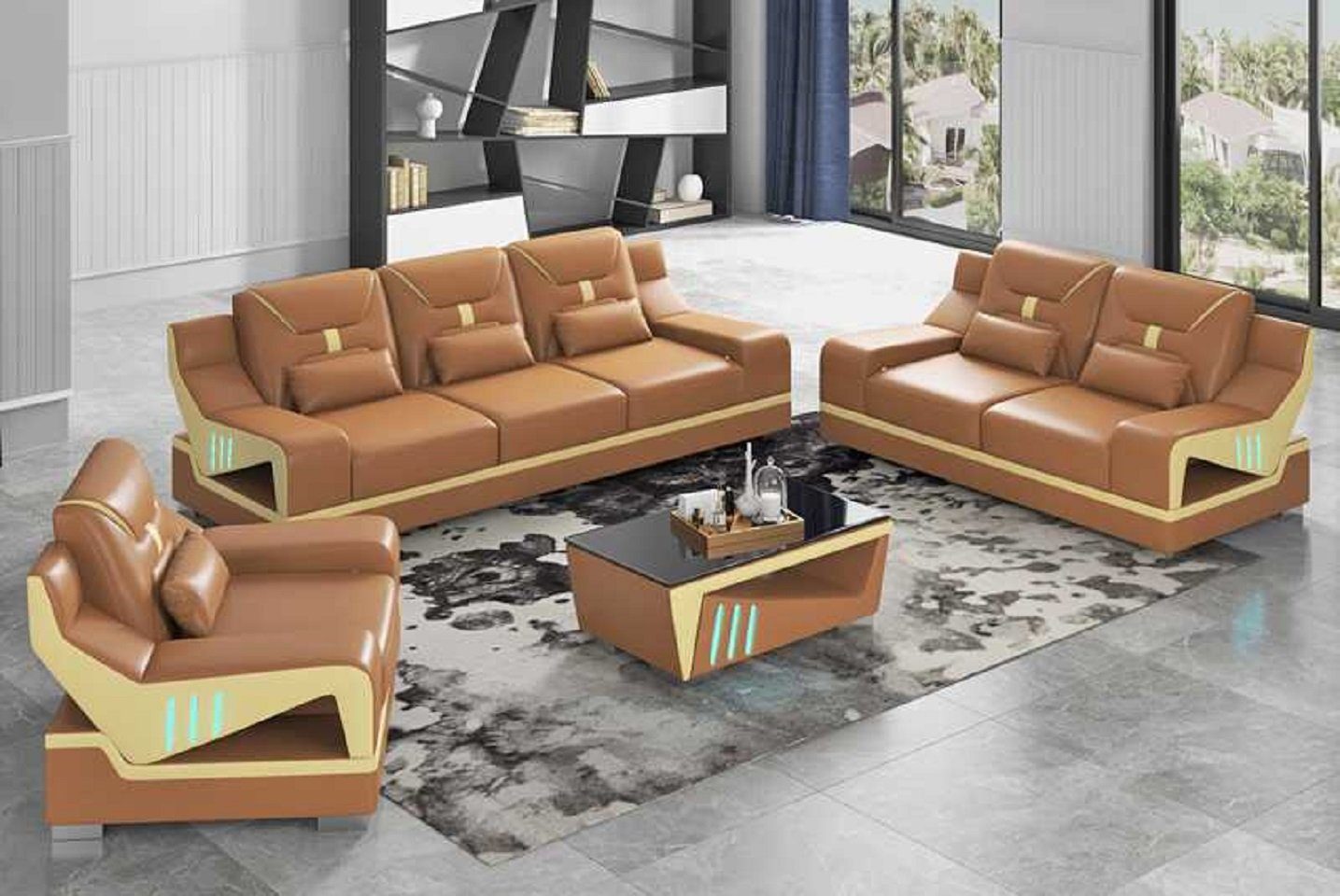 JVmoebel Wohnzimmer-Set Luxus Sofagarnitur Couchgarnitur Schwarz Kunstleder Sofa 321, (3-St., Nur Sofa 2+3 Sitzer + Sessel), Made in Europe Braun