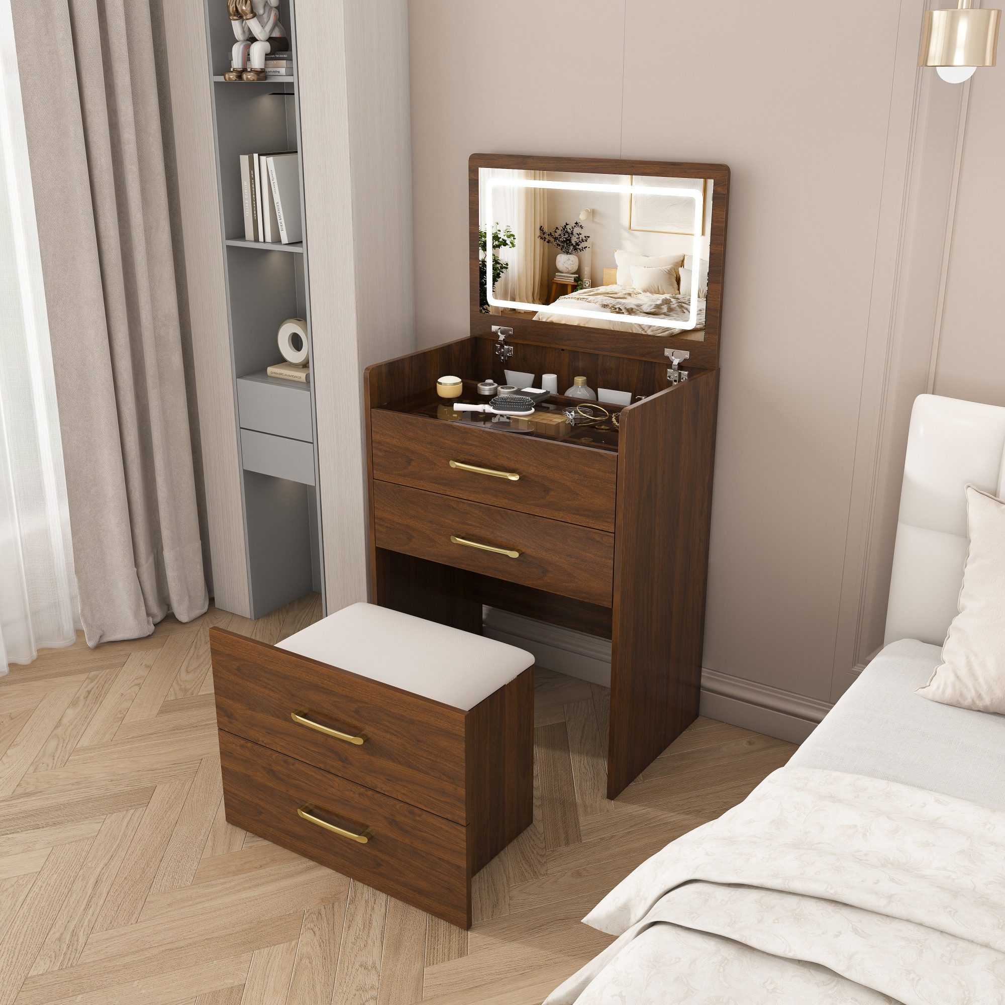 BBWL Schminktisch Kompakter 3-in-1 Schminktisch mit Glasplatte, Aufklappbarem Spiegel (3 Schubladen & Bequemem Hocker für Schlafzimmer, Weiß), B60/H118/T40 cm
