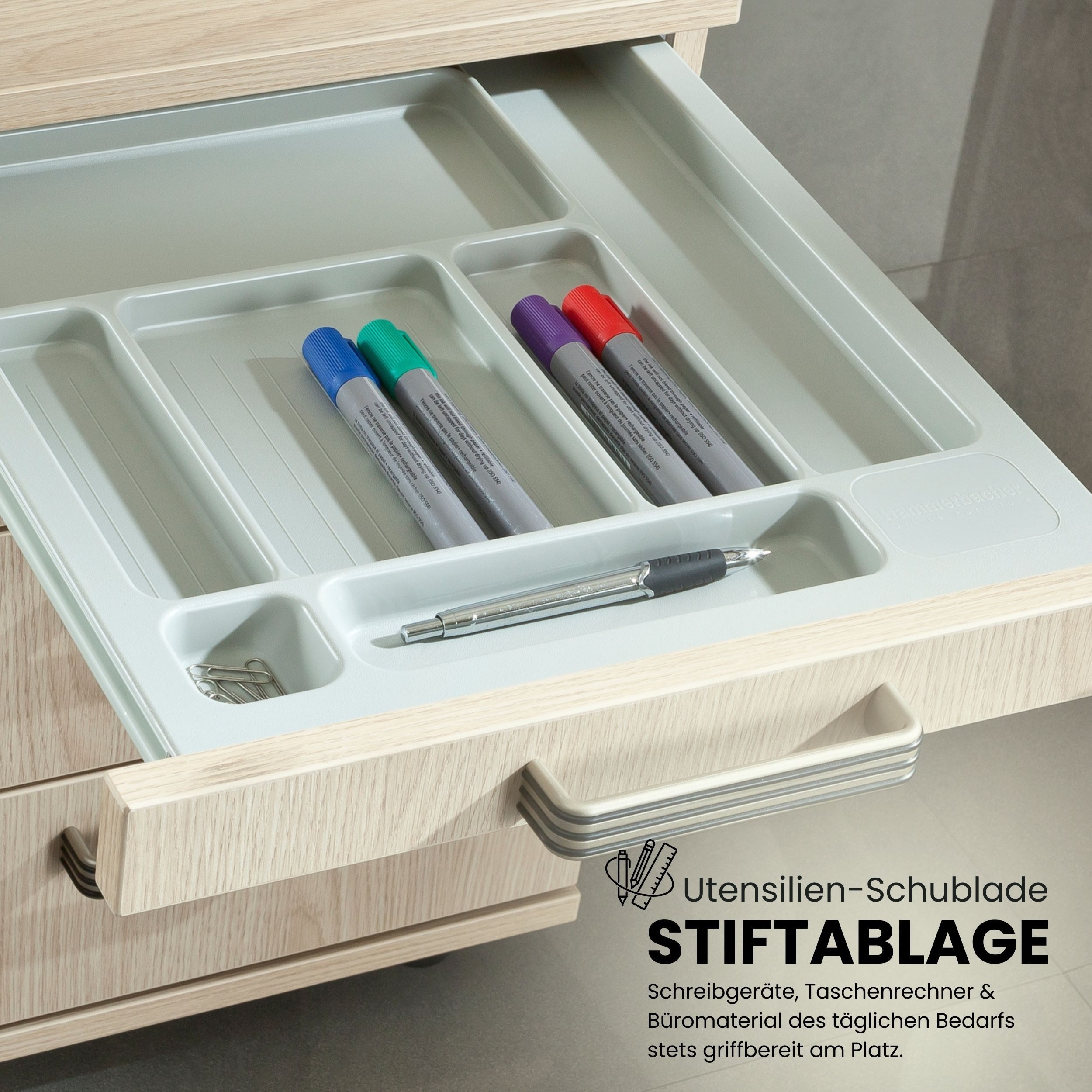 bümö Rollcontainer office Bürocontainer - 3 Materialschubladen, Dekor: Ahorn mit Bügelgriff (Metall)