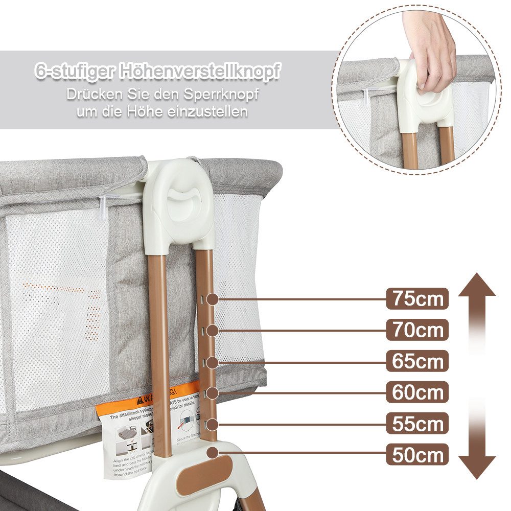 JEOBEST Beistellbett 3 in 1 Beistellbett Stubenwagen Babybett Baby-Reisebett, 6-stufige Höhenverstellung, mit Rollen, Matratze und Moskitonetz