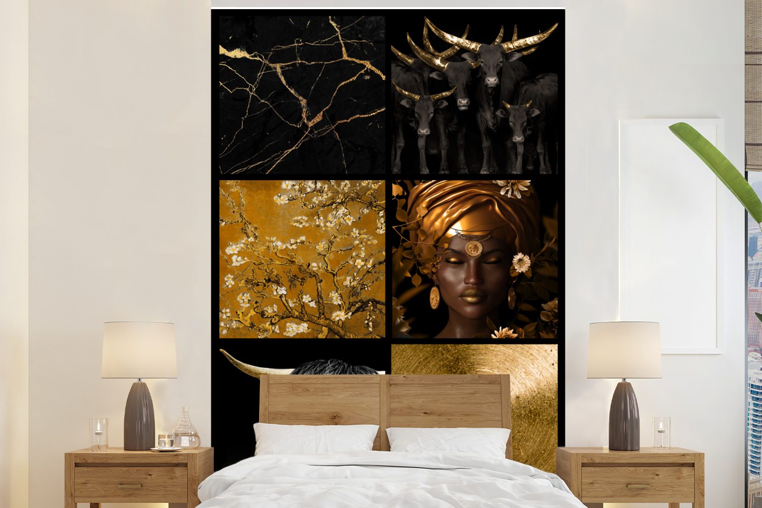 MuchoWow Fototapete Collage - Gold - Tiere - Frau, Matt, bedruckt, (3 St), Montagefertig Vinyl Tapete für Wohnzimmer, Wandtapete | Fototapeten