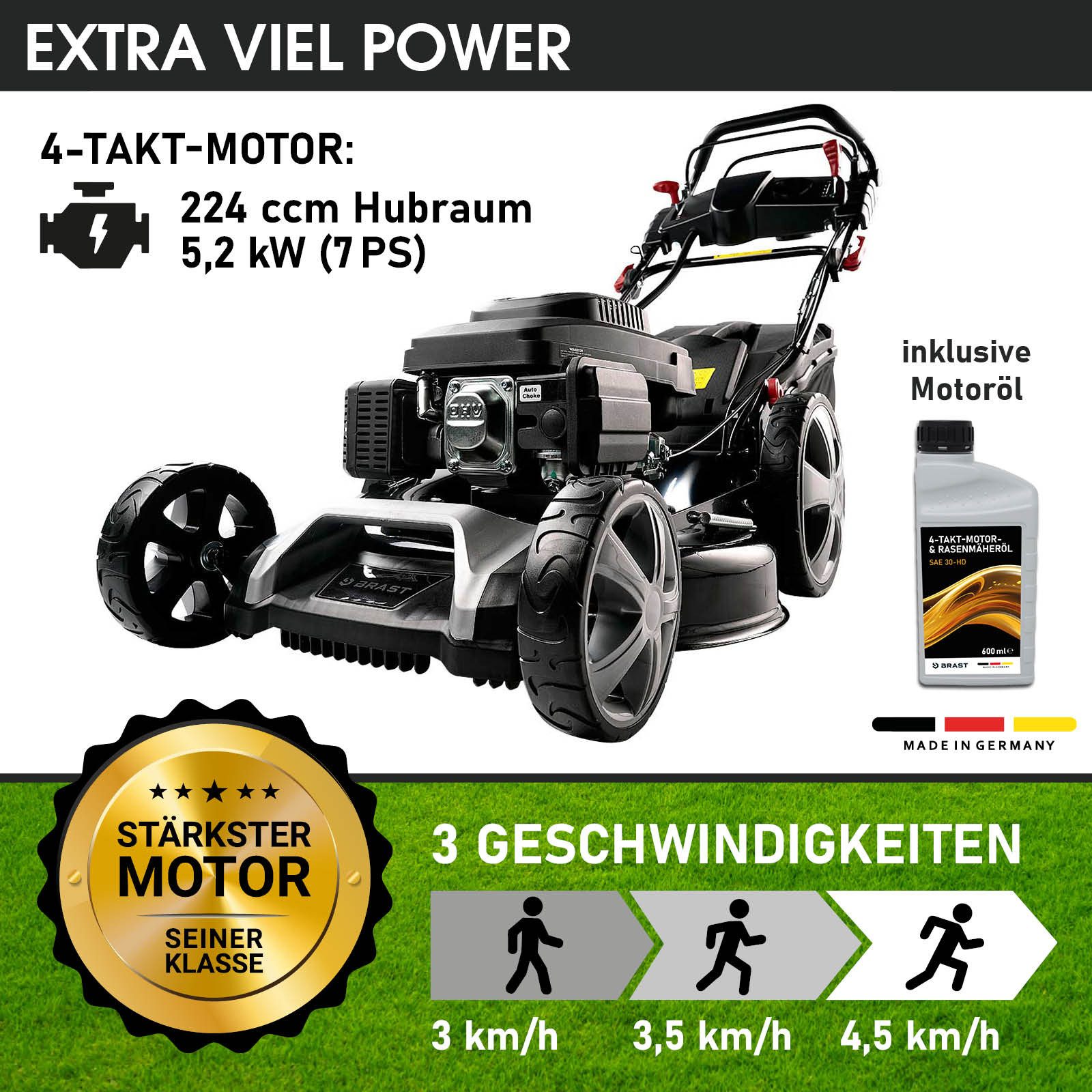 BRAST Benzinrasenmäher mit Antrieb 5,2kW (7PS)  inkl. Motoröl, TÜV, 55 cm Schnittbreite, 60L Fangkorb, 4 Takt OHV Motor, Stahlgehäuse, ESTART SPEED