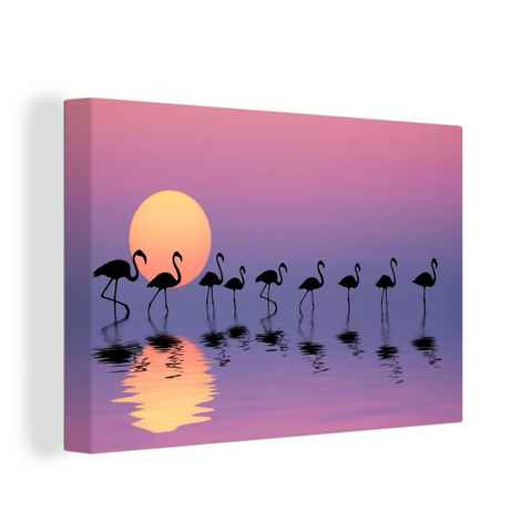 OneMillionCanvasses® Leinwandbild Flamingo - Wasser - Spiegelung, (1 St), Wandbild Leinwandbilder, Aufhängefertig, Wanddeko, 30x20 cm