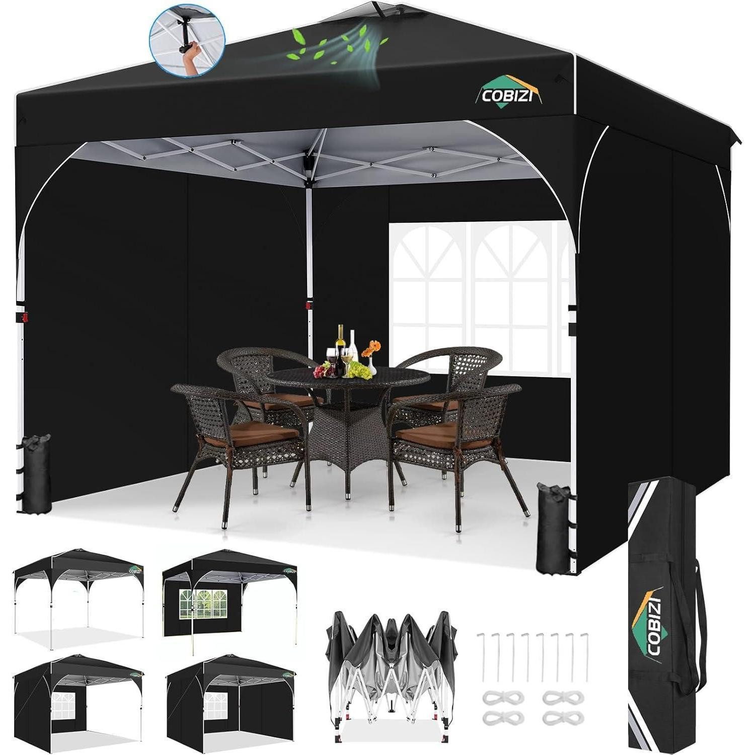 LuxusKollektion Faltpavillon Pavillon 3x3m Faltbar Wasserdicht Schwarz 3x3m mit 3 Seitenwänden