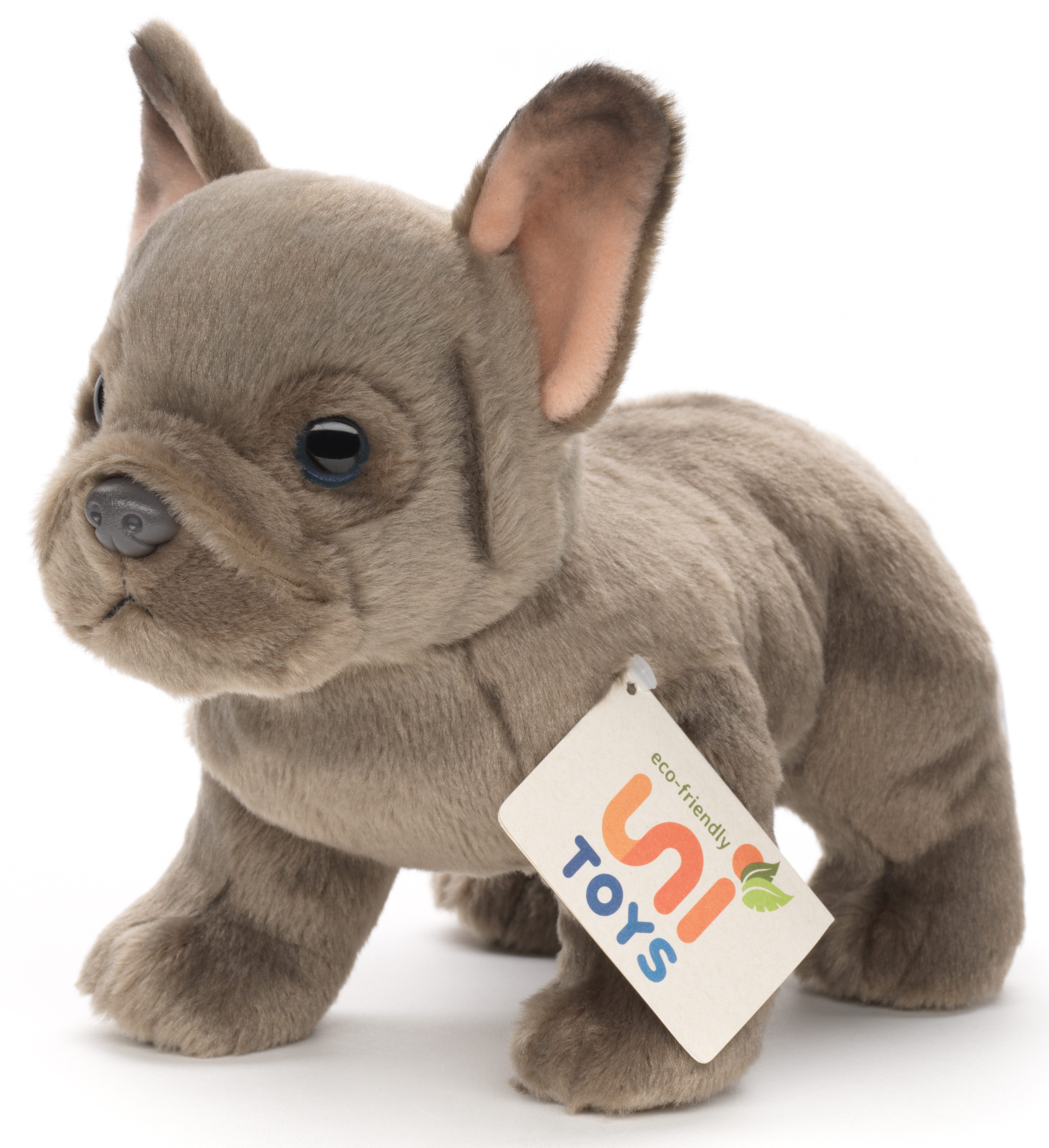 Uni-Toys Kuscheltier Französische Bulldogge (grau) - Mit/Ohne Leine - 26 cm - Plüschtier, zu 100 % recyceltes Füllmaterial