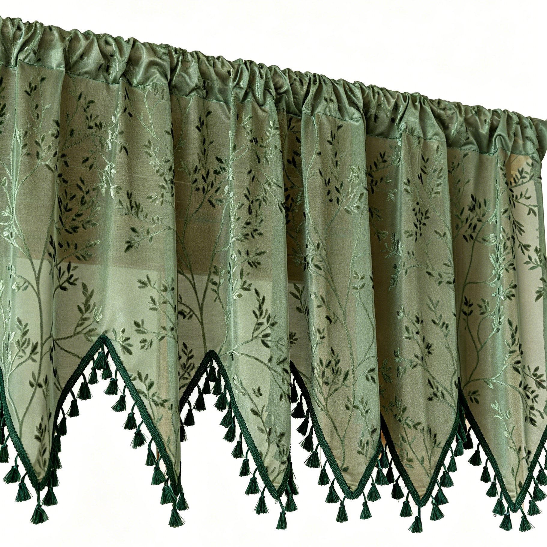 Diwzbyn Scheibengardine Grüne Blatt-Scheibengardine aus feinem Tüll, Quasten-kurze Vorhänge, halbtransparenter Vorhang, Türvorhang, für Küche, Bar und Café