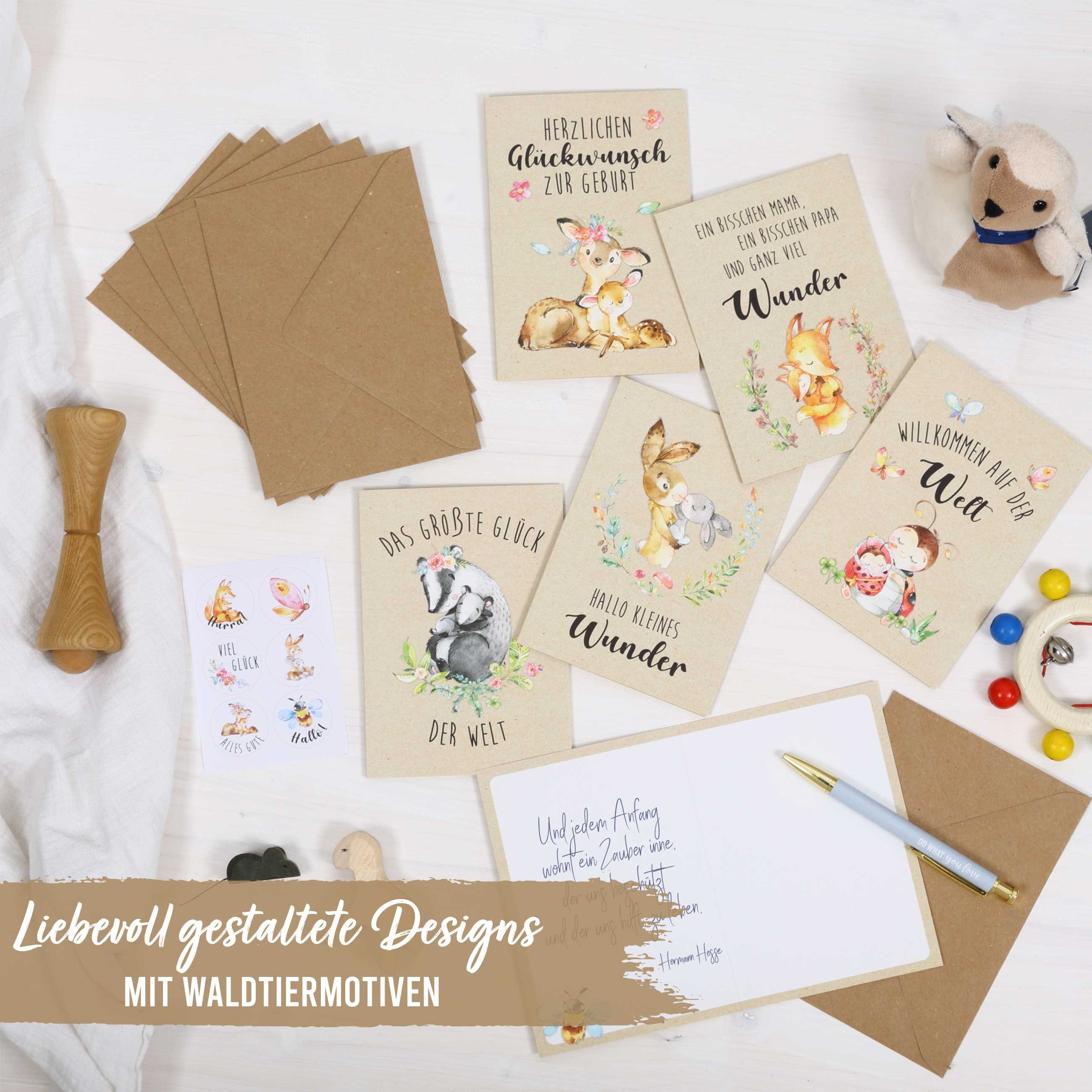 PAPIERDRACHEN Klappkarte 6 Glückwunschkarten zur Geburt - Baby Klappkarten mit Umschlag