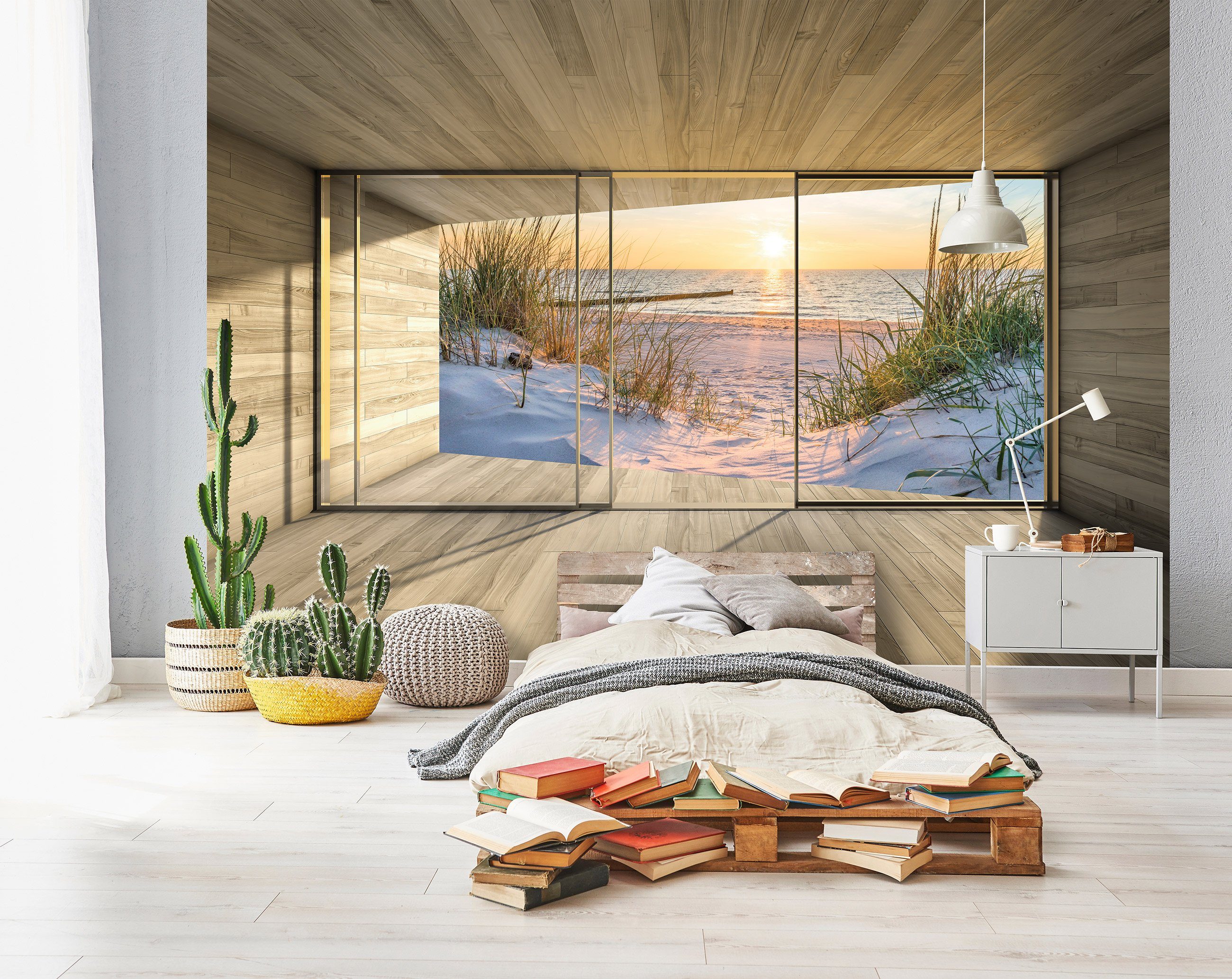 Wallarena Fototapete 3D EFFEKT Strand Meer Terrasse Fenster Wohnzimmer oder Schlafzimmer, Glatt, 3D-Optik, Strand, Meer, Fenster, Terrasse, Fototapete Wohnzimmer Schlafzimmer - Vliestapete inklusive Kleister