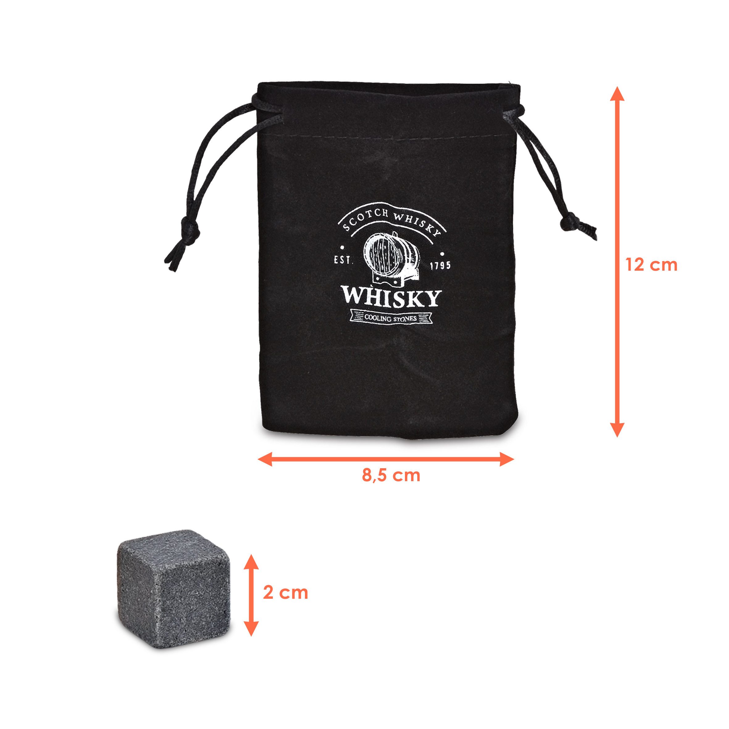 Woma Eiswürfel-Steine Basalt Whisky Steine Geschenk Set in edler Holzbox - 7-teilig, Wiederverwendbare Kühlwürfel inklusive Samtbeutel