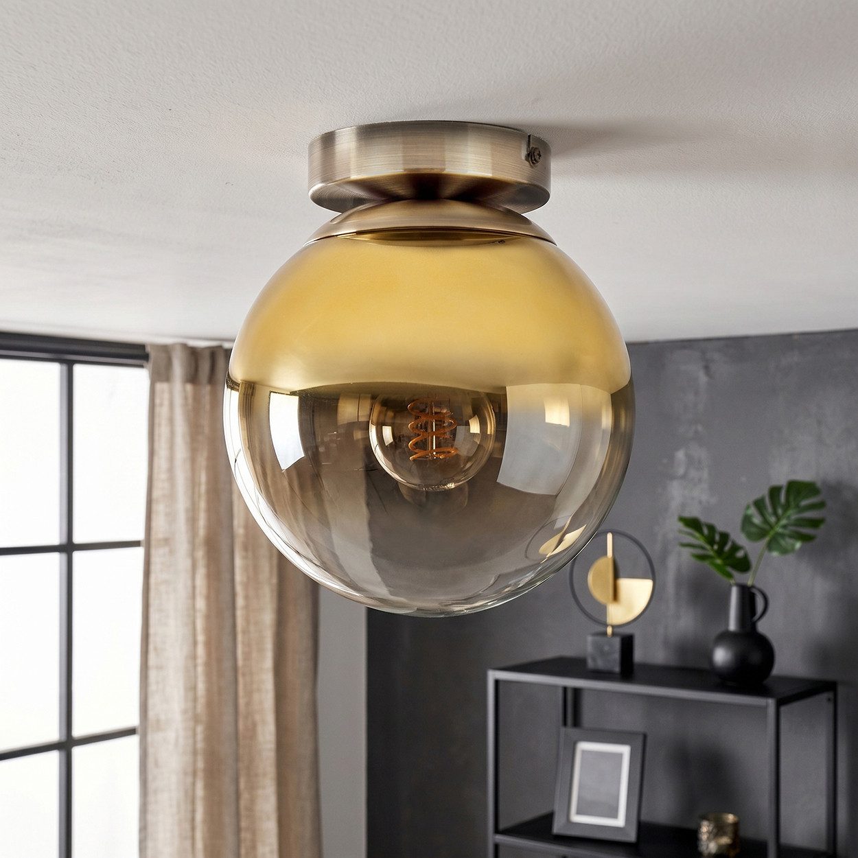 hofstein Deckenleuchte Deckenlampe aus Metall/Glas in Altmessing-/Goldfarben/Klar, moderne Deckenleuchte im Retro/Vintage-Design, Ø 20 cm, E27