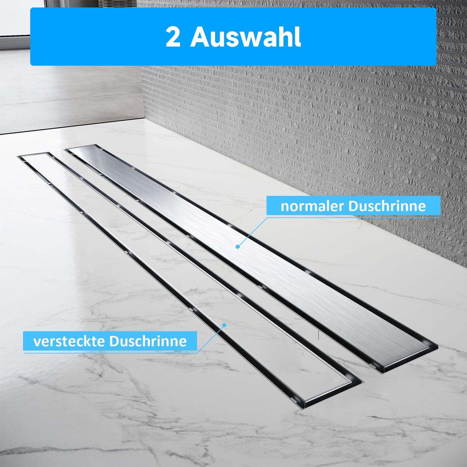SONNI Duschrinne Edelstahl Duschrinne 50-110 cm 360° verstellbarer Bodenablauf Flach, mit Geruchsstop und Haarsieb Randablauf,mit Bodenbefestigung