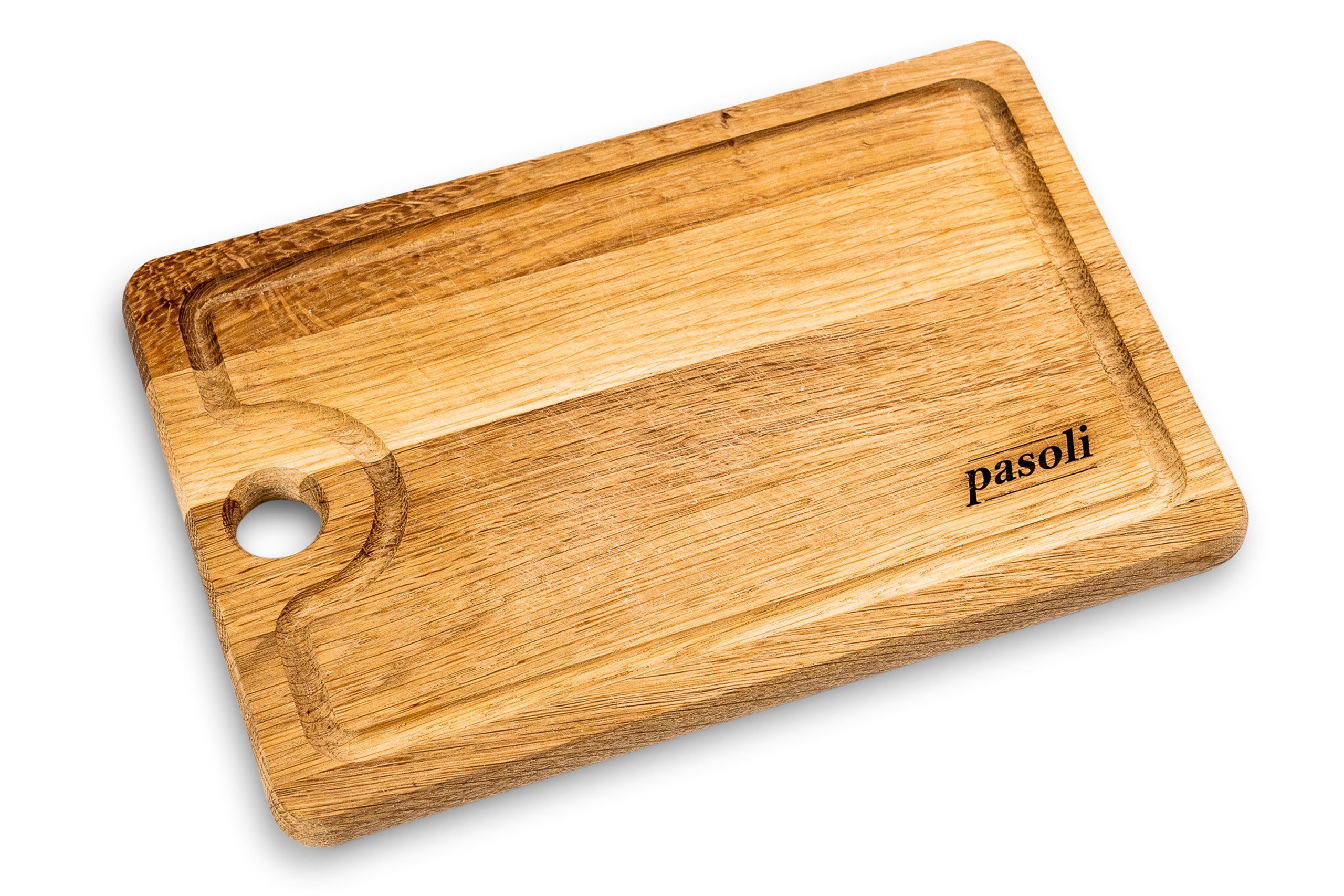 pasoli Schneidebrett Eichen-Schneidebrett, 30x20x2cm, natürliches Eichenholz, Küchenschneidebrett, Abtropfrille