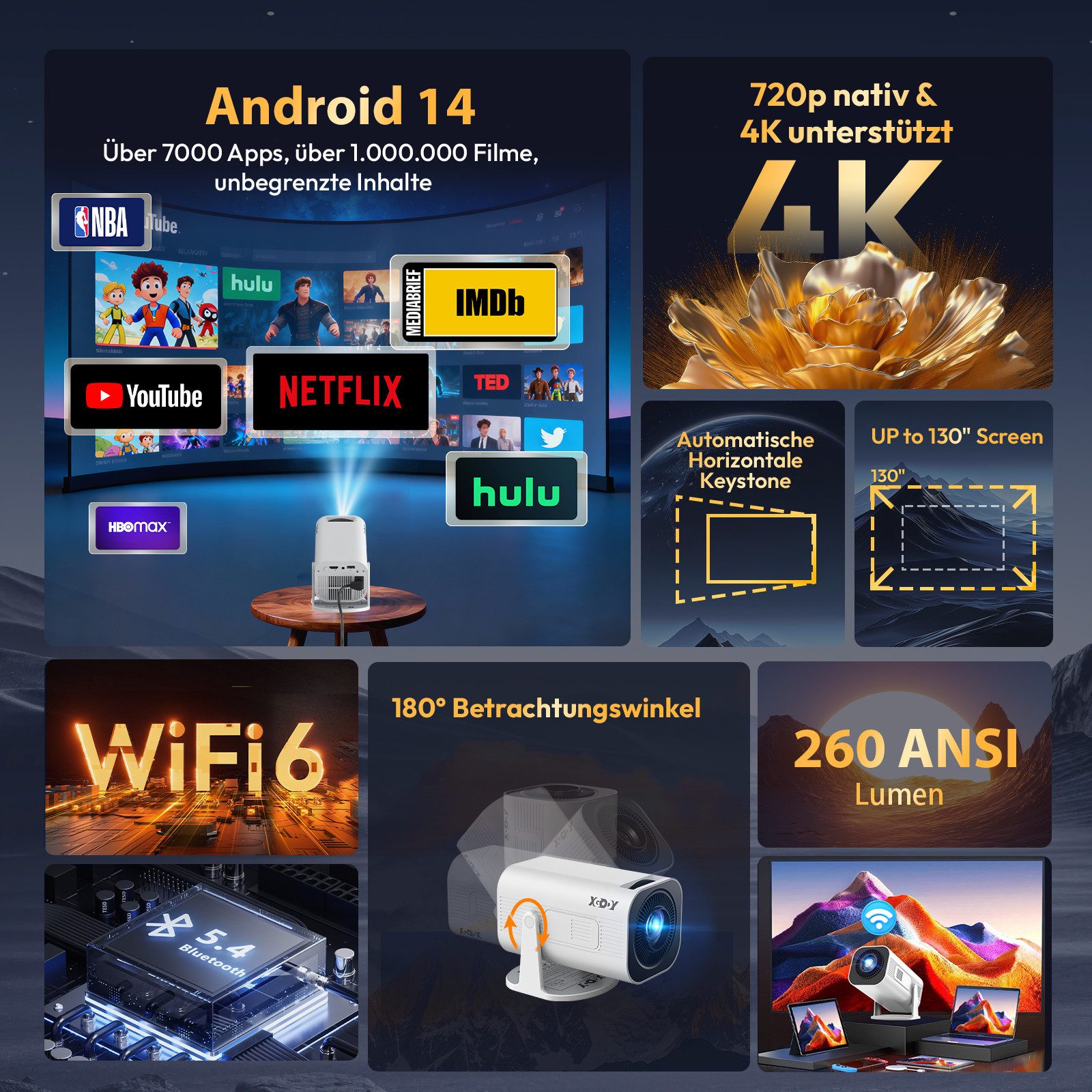 XGODY XGODY Tragbarer Projektor Mini-Beamer (260 lm, 1500:1, 3840 x 2160 px, Mini Projektor mit Android 14/WiFi 6/BT 5.4/ 180-Grad- Winkel)