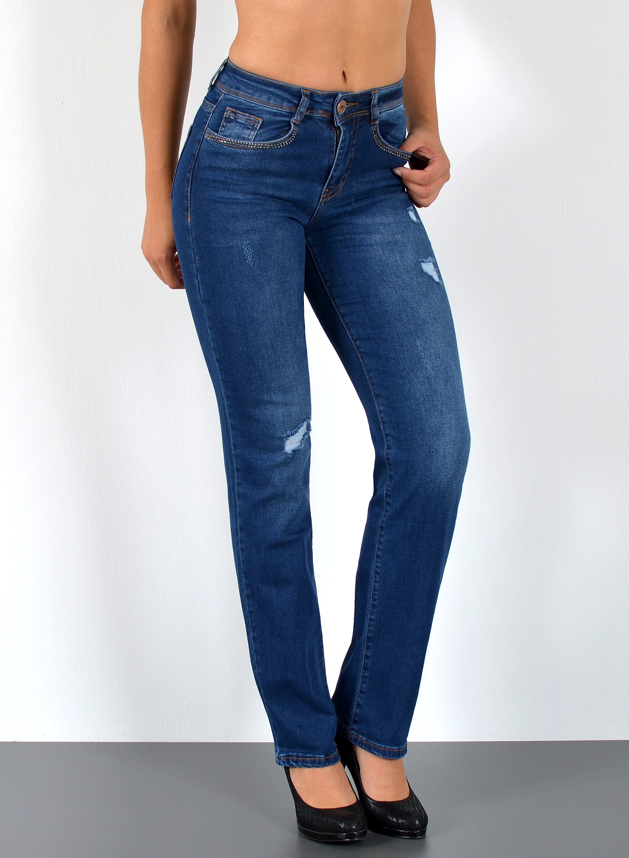 ESRA Straight-Jeans Stretch-Jeans Damen High Waist Jeans Straight Leg Hose günstig online kaufen