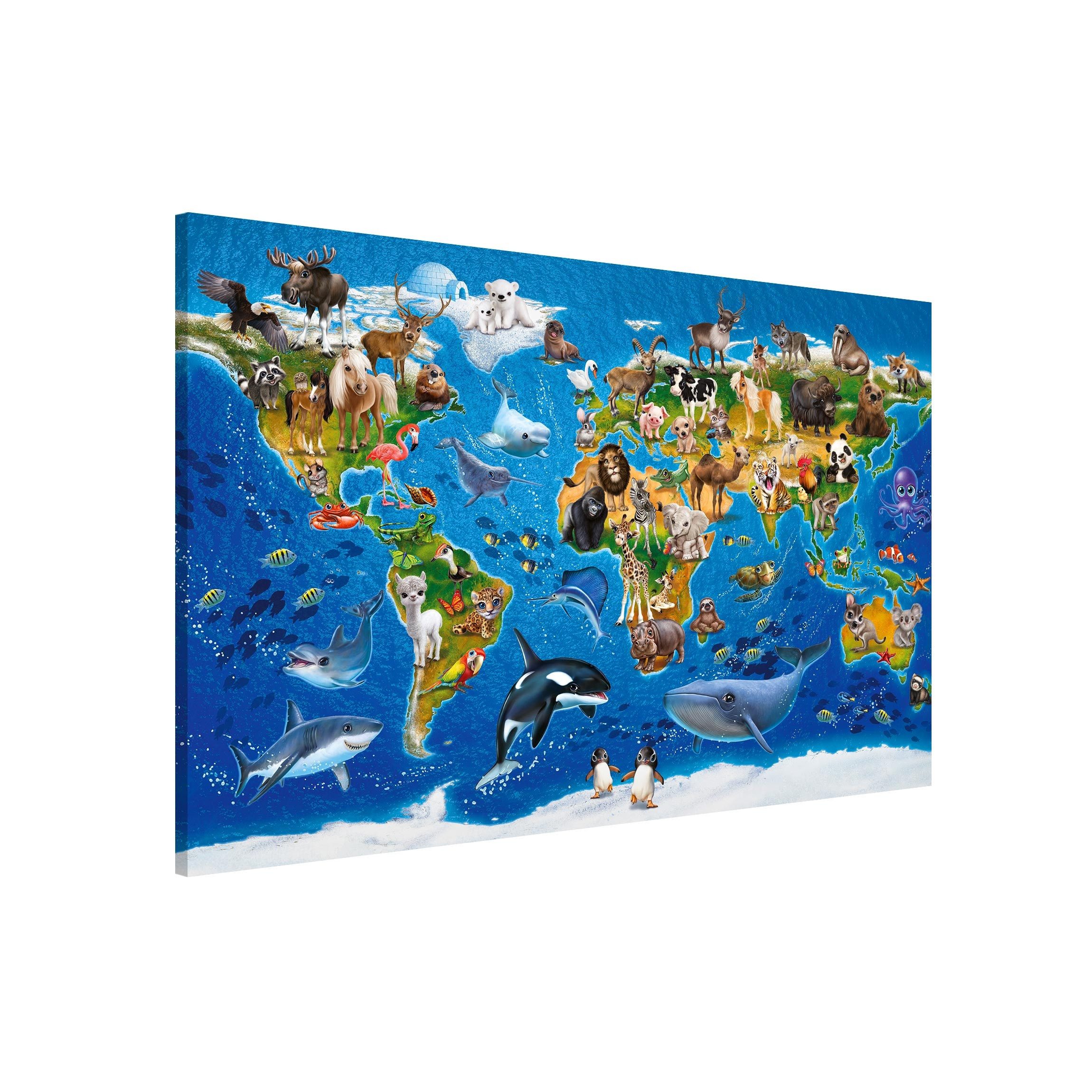 Bilderdepot24 Magnettafel Kinder bunt Weltkarte mit Tieren, (1-tlg., Magnetboard Pinnwand für die Wand - metallische Tafel für Magnete), Magnetwand groß mit Motiv Kinderzimmer Memoboard magnetisch Querformat
