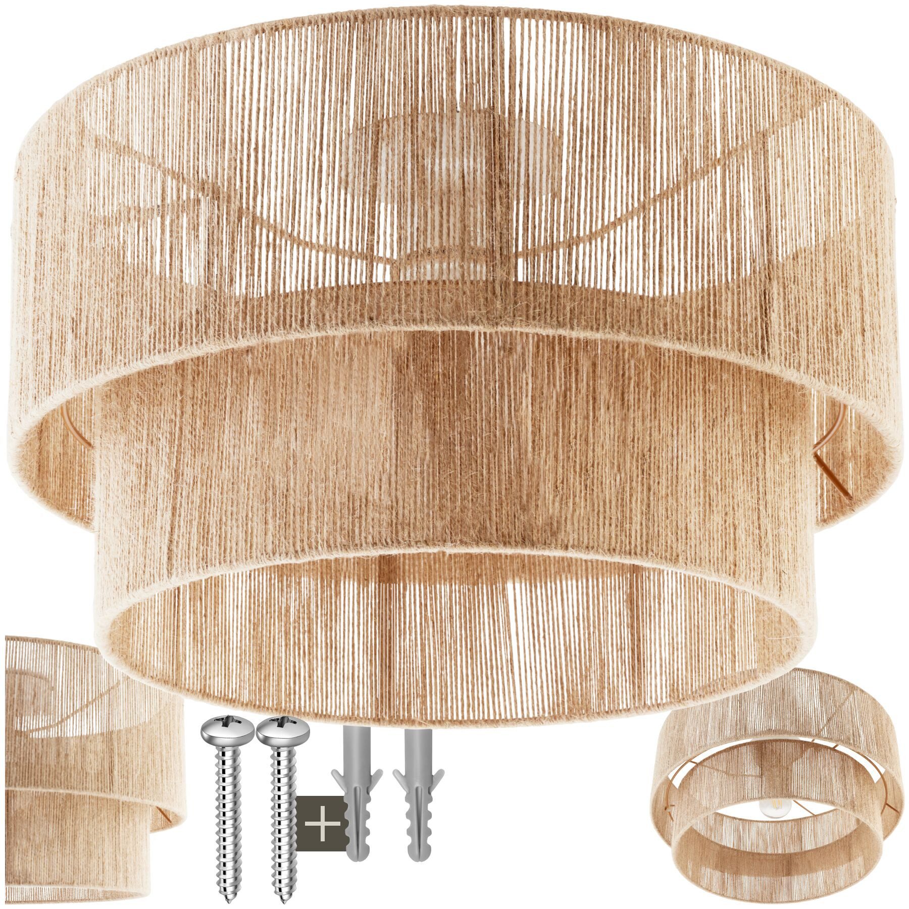 tectake Deckenleuchten Boho Jute-Lampe „Lignea Lux“ – Hängelampe aus Naturfaser 40W, Wickeltechnik, inkl. Montagematerial