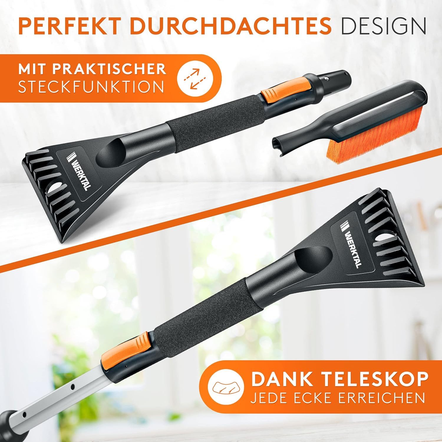Werktal ice scraper with ice breaker function, gentle on car windows with integrated snow brush & telescopic pole, ergonomic handle