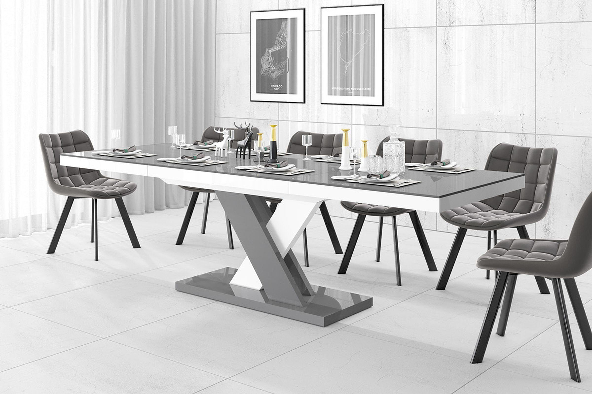 designimpex Esstisch Design Tisch 160 256 Weiß Hochglanz cm Grau / Hochglanz Grau ausziehbar HEN-111 Hochglanz / bis Weiß