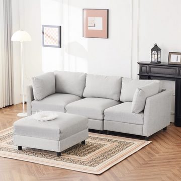 Merax Ecksofa mit abnehmbaren Ottomane, Sofagarnitur mit Leinenbezug, 3-Sitzer mit Kissen, modulare Couch